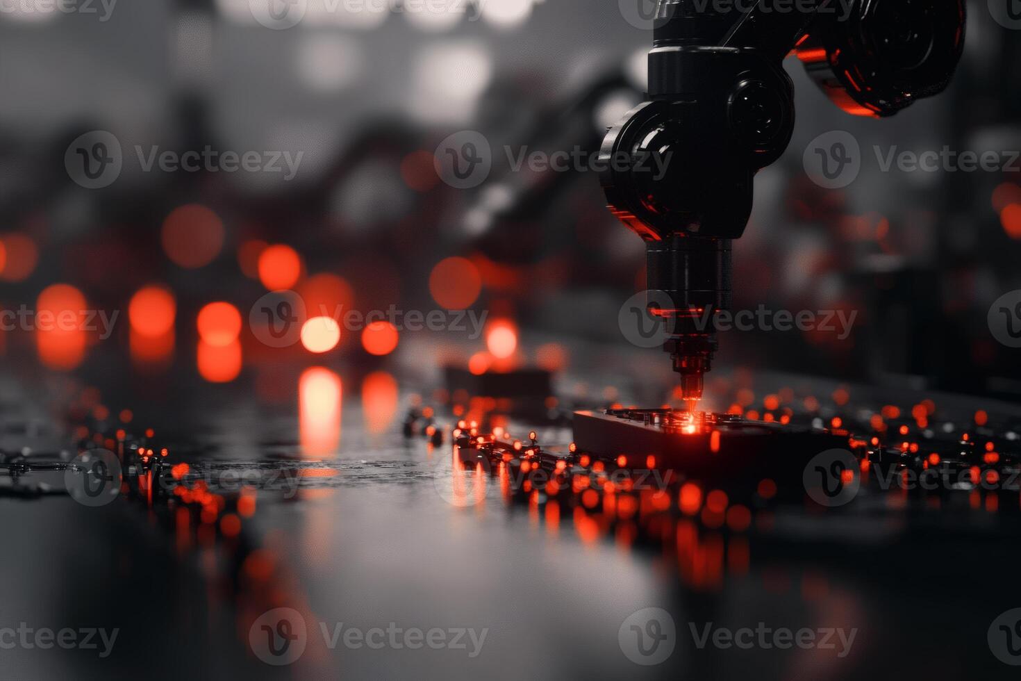 Robotic Arm Working on Circuit Board in High-Tech Manufacturing Facility. photo