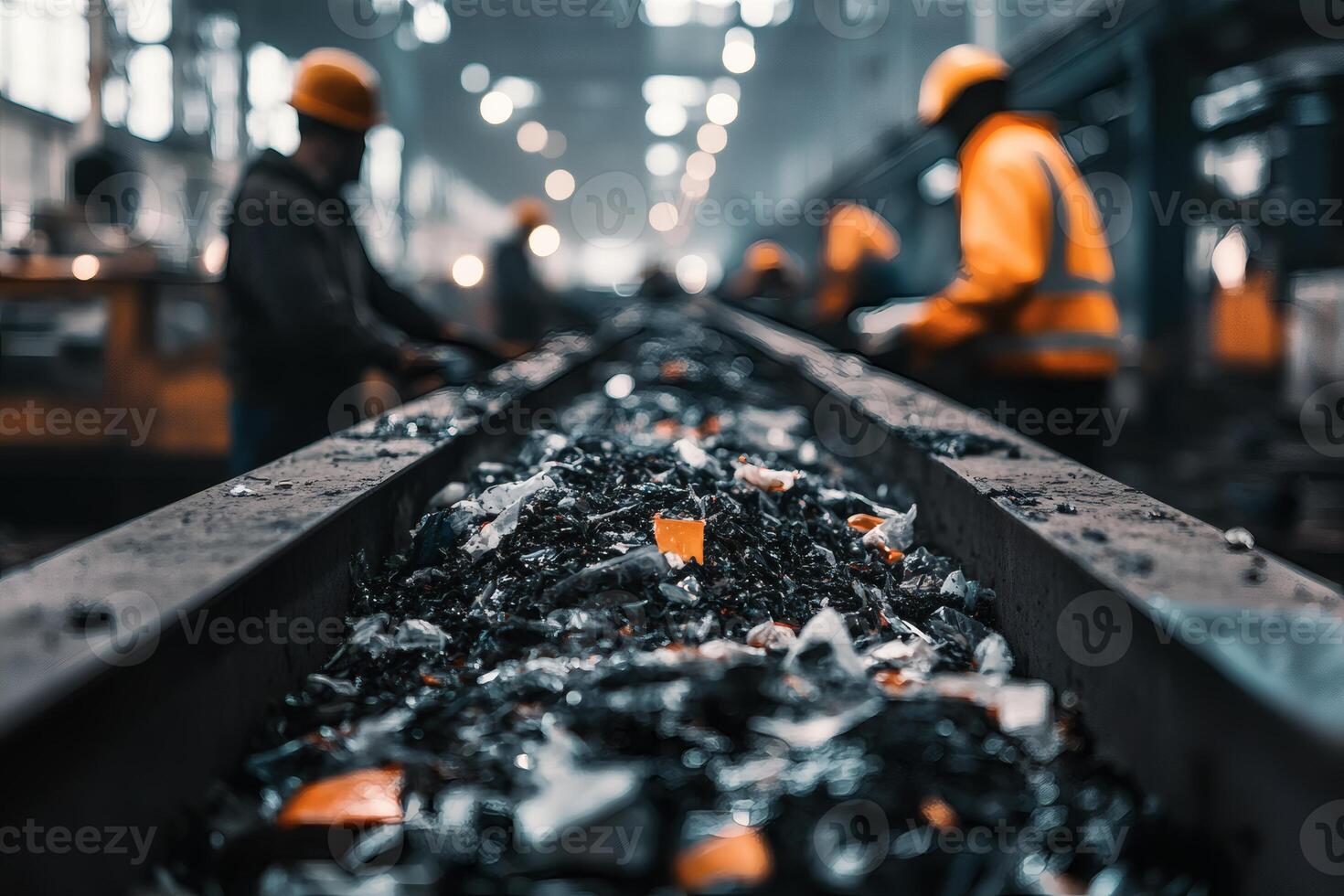 Workers Sorting Waste Materials in an Industrial Recycling Facility. photo