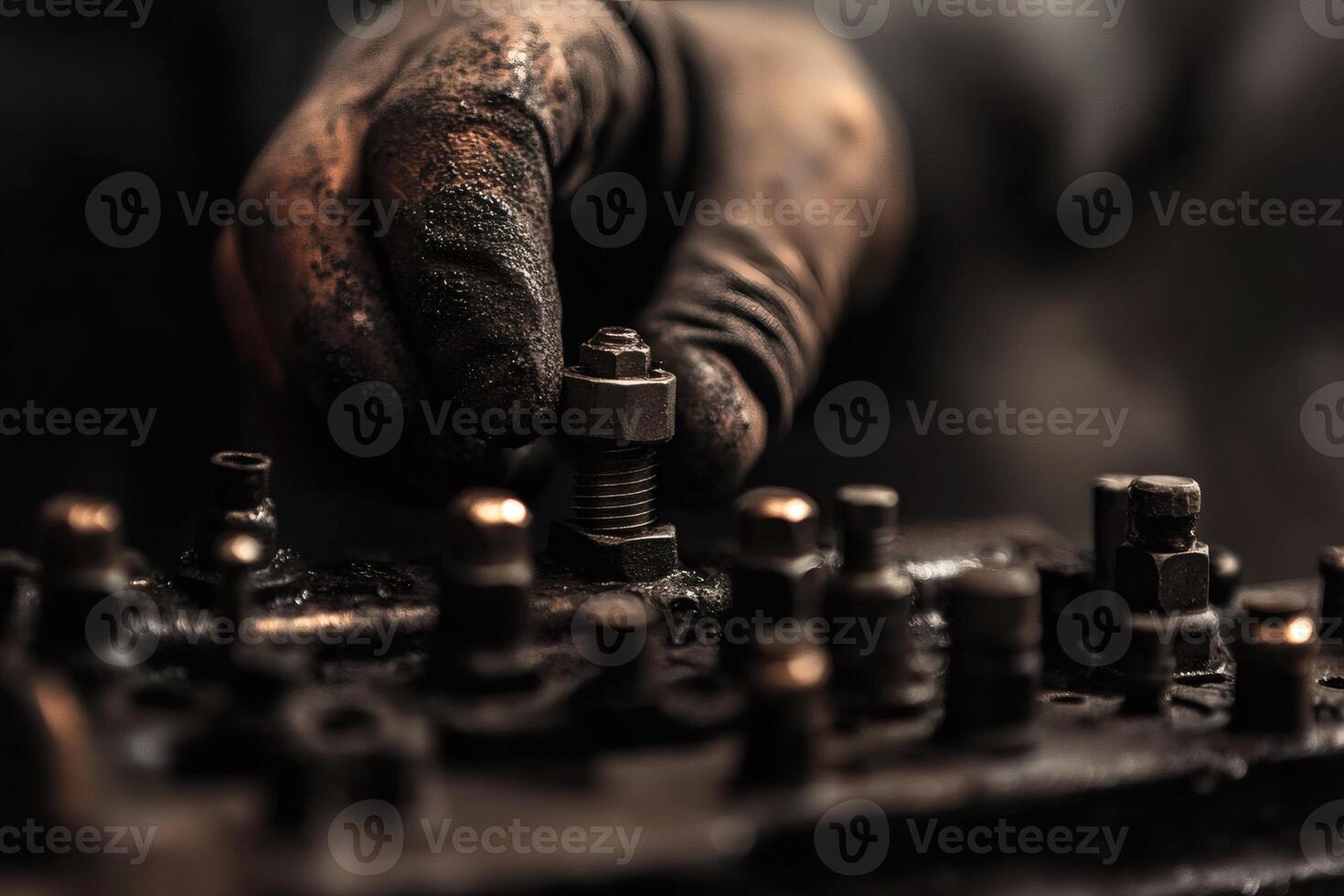 Hand Working on Mechanical Equipment in a Dimly Lit Workshop. photo