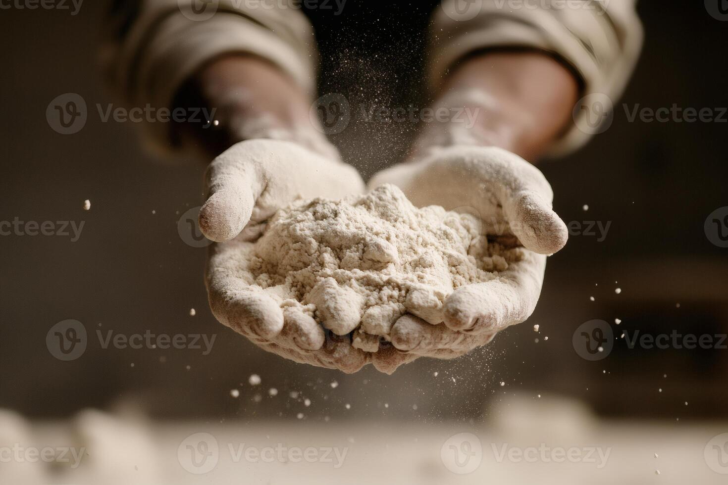 Hands Full of Flour Showcasing the Art of Baking in a Rustic Kitchen. photo