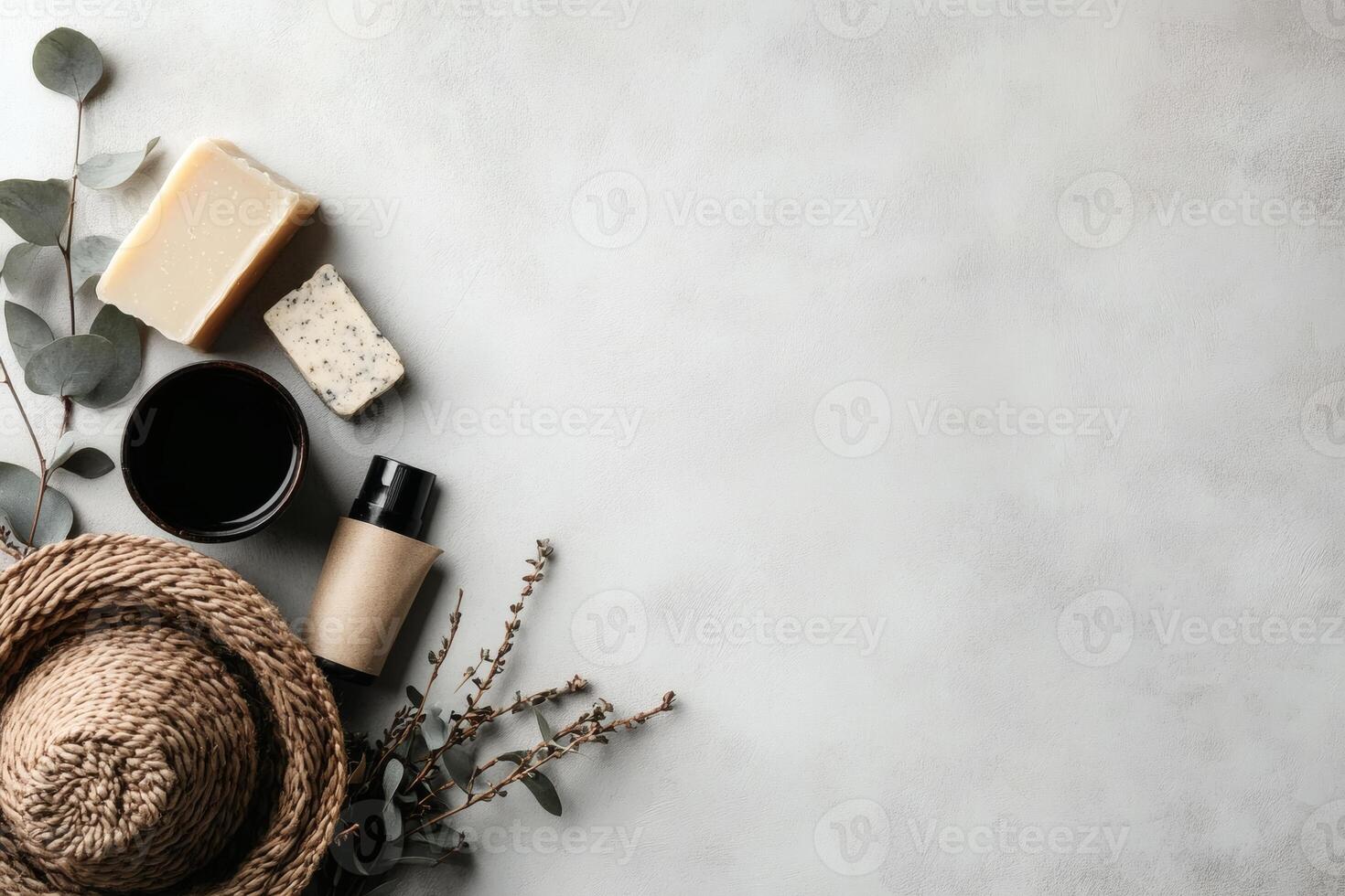 Natural Wellness Products Arranged on a Neutral Gray Background With Eucalyptus. photo