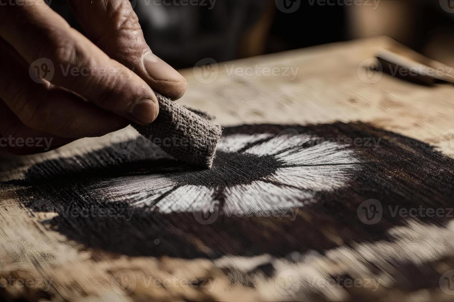Creating Intricate Art With Charcoal on Textured Wood Surface in a Studio. photo