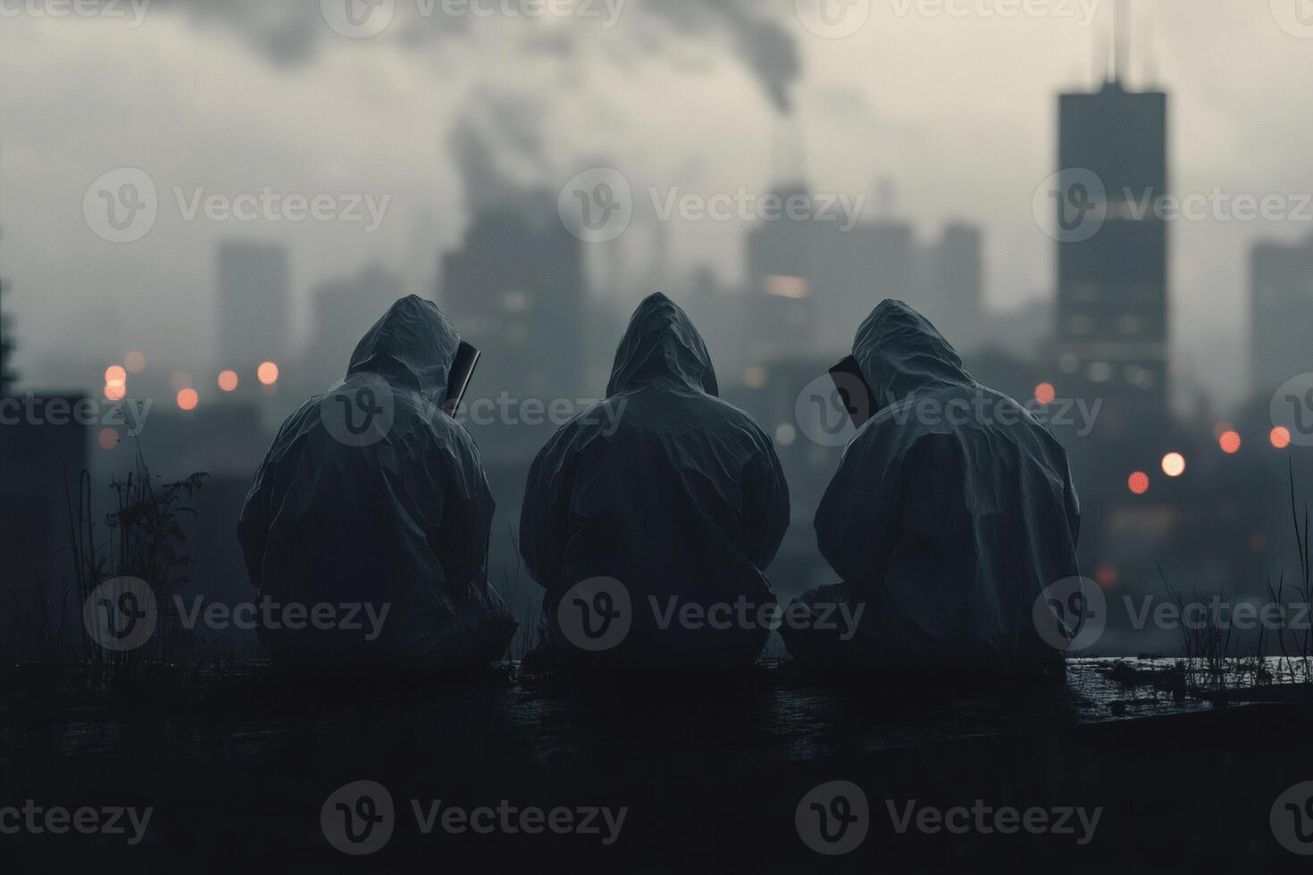 Individuals in Raincoats Reading Books Against a Moody Urban Backdrop. photo