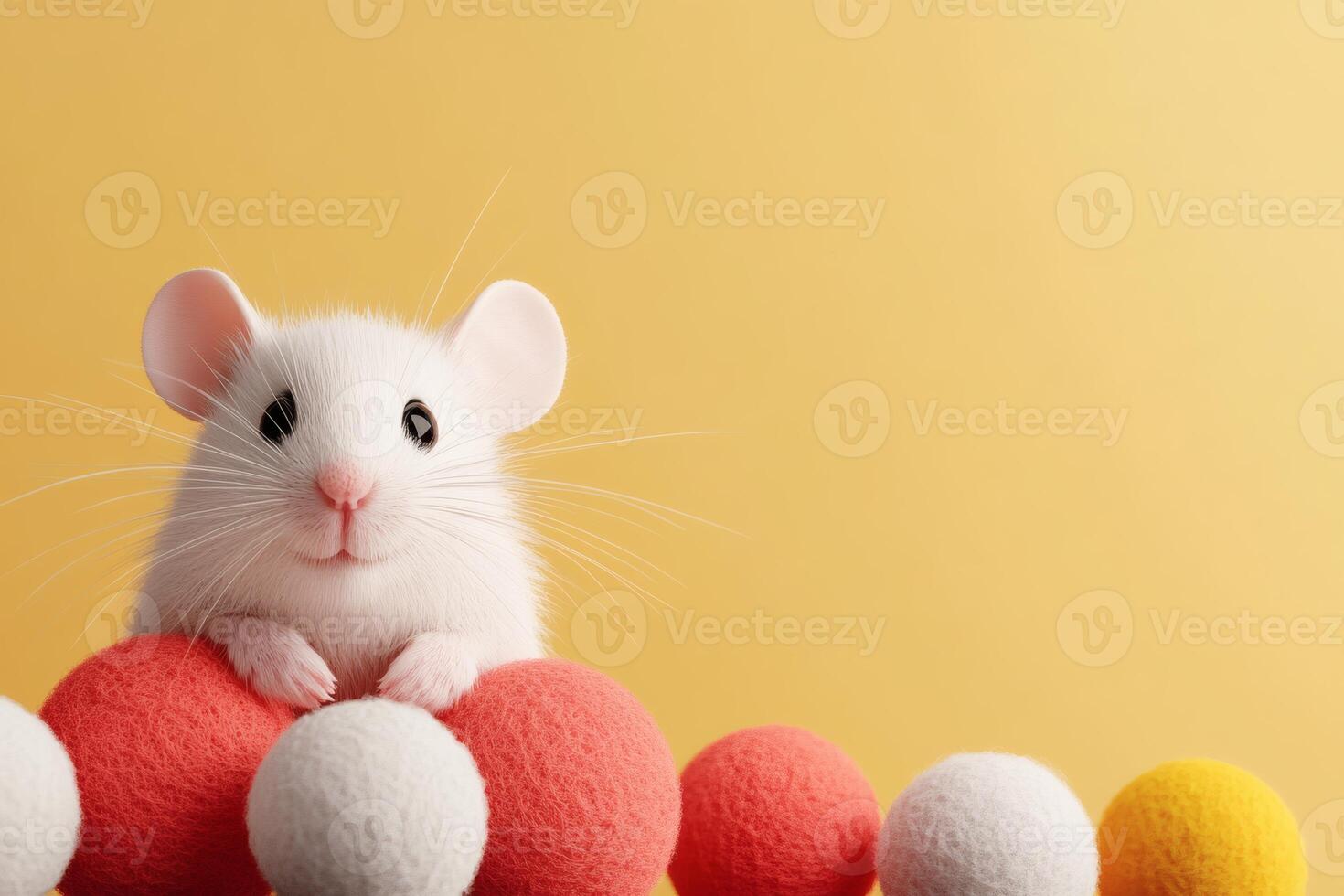Cute White Mouse Resting on Colorful Felt Balls Against a Yellow Backdrop. photo
