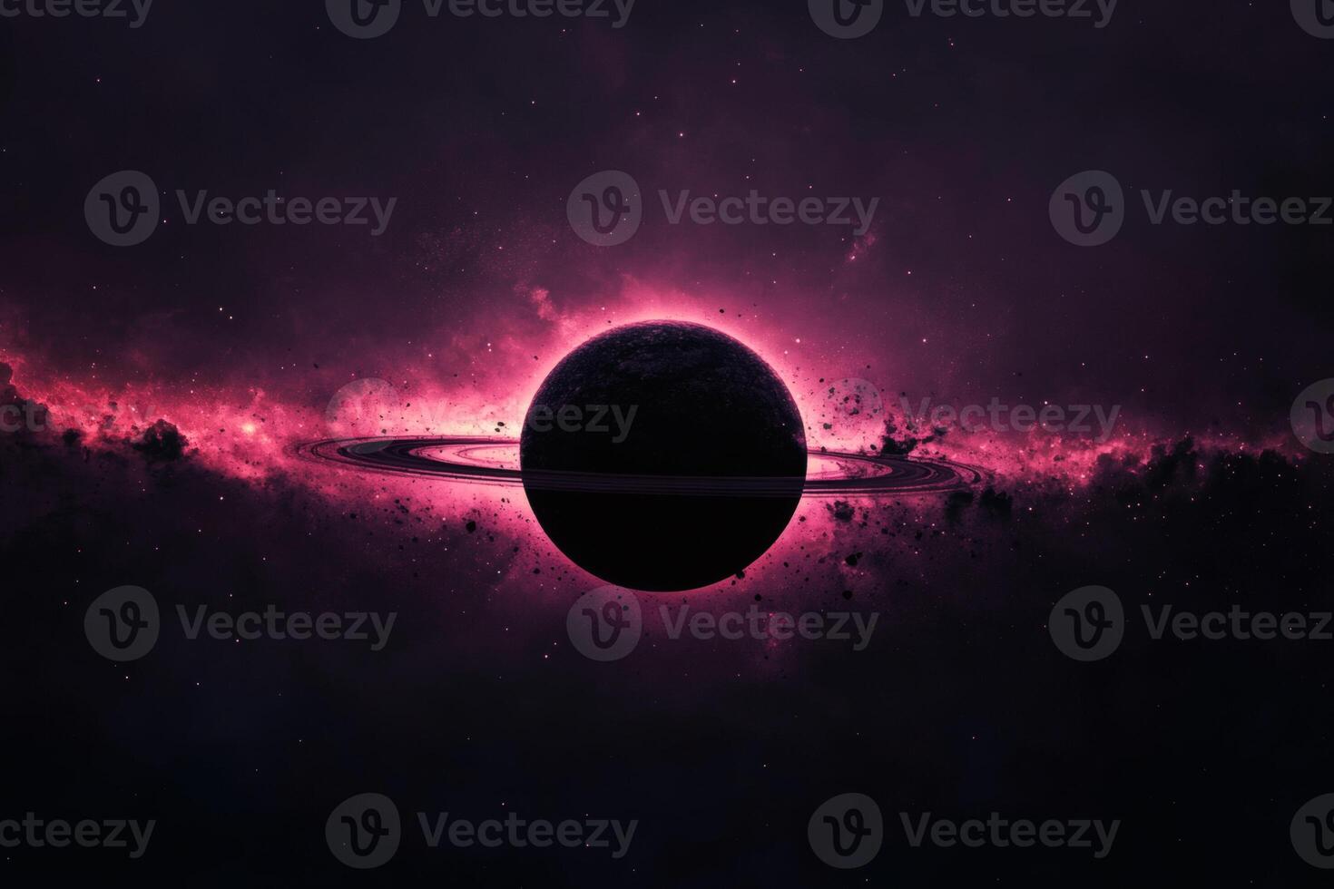 Stunning Cosmic View of a Planet Surrounded by a Vibrant Nebula at Night. photo