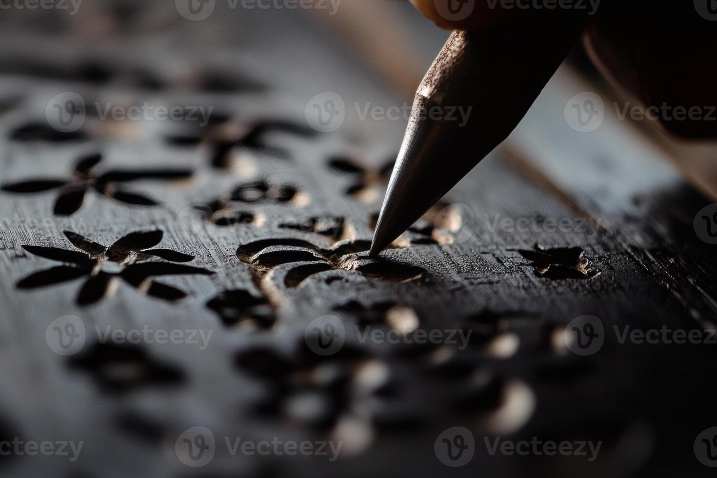 Intricate Wood Carving Process Showcasing Detailed Floral Patterns at a Workshop. photo