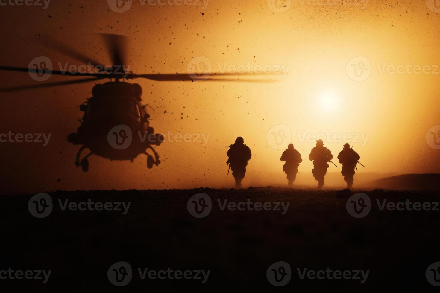 Soldiers Advance Towards a Helicopter During Sunset in a Desert Environment. photo