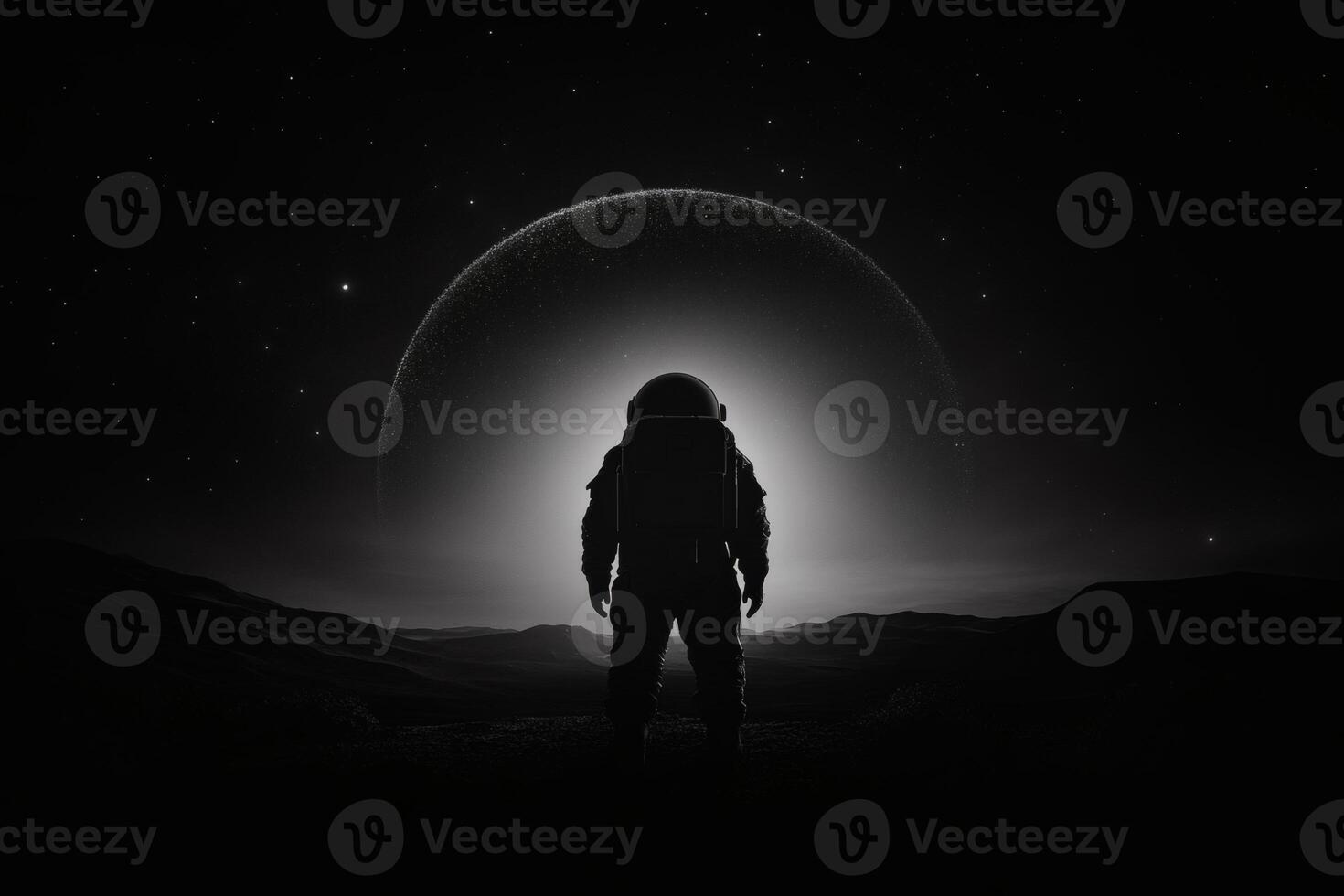 Astronaut Standing on a Distant Planet Under a Starry Sky at Night. photo