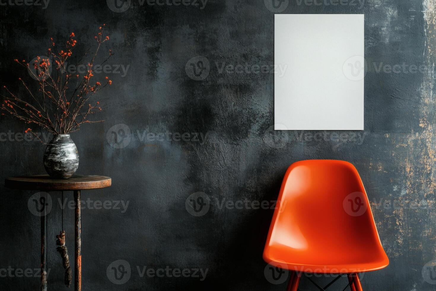 Bright Orange Chair Beside Rustic Table With Flowers Against Dark Wall. photo