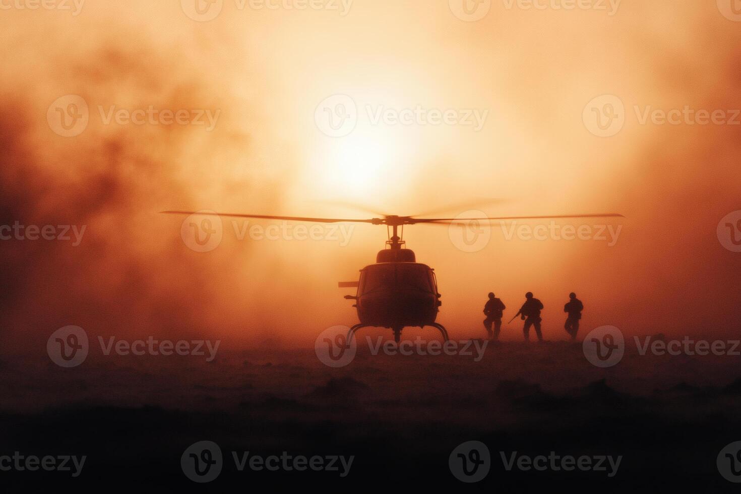 Helicopter Extraction of Soldiers at Sunset in a Dusty Landscape. photo