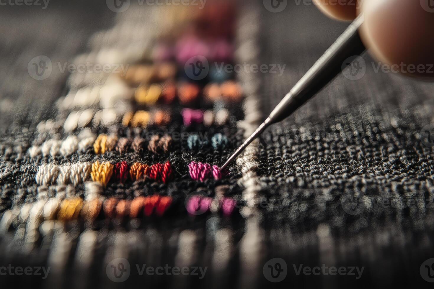 Detailed Embroidery Work Being Created on Textured Fabric During Daylight. photo