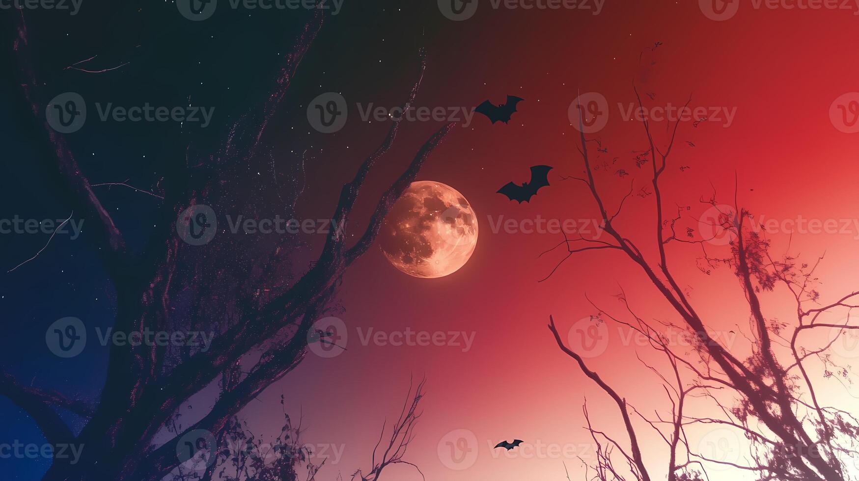 Full Moon Rises Over Dark Forest With Bats Flying at Night. photo