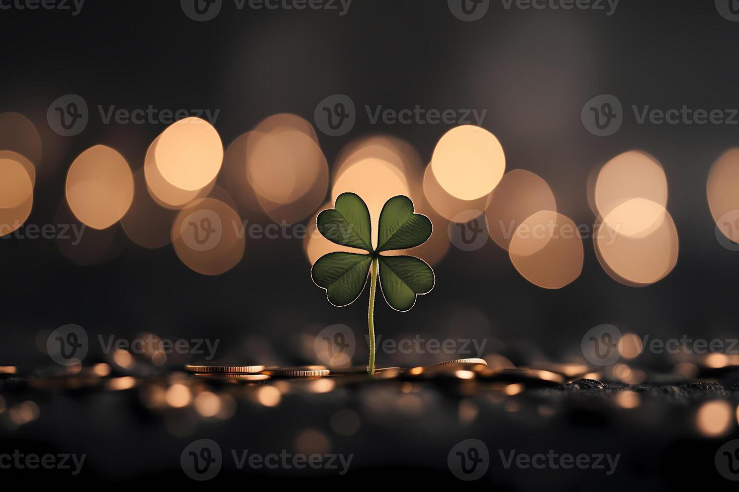 Four Leaf Clover Standing Tall on Gold Coins With a Soft Glowing Background. photo