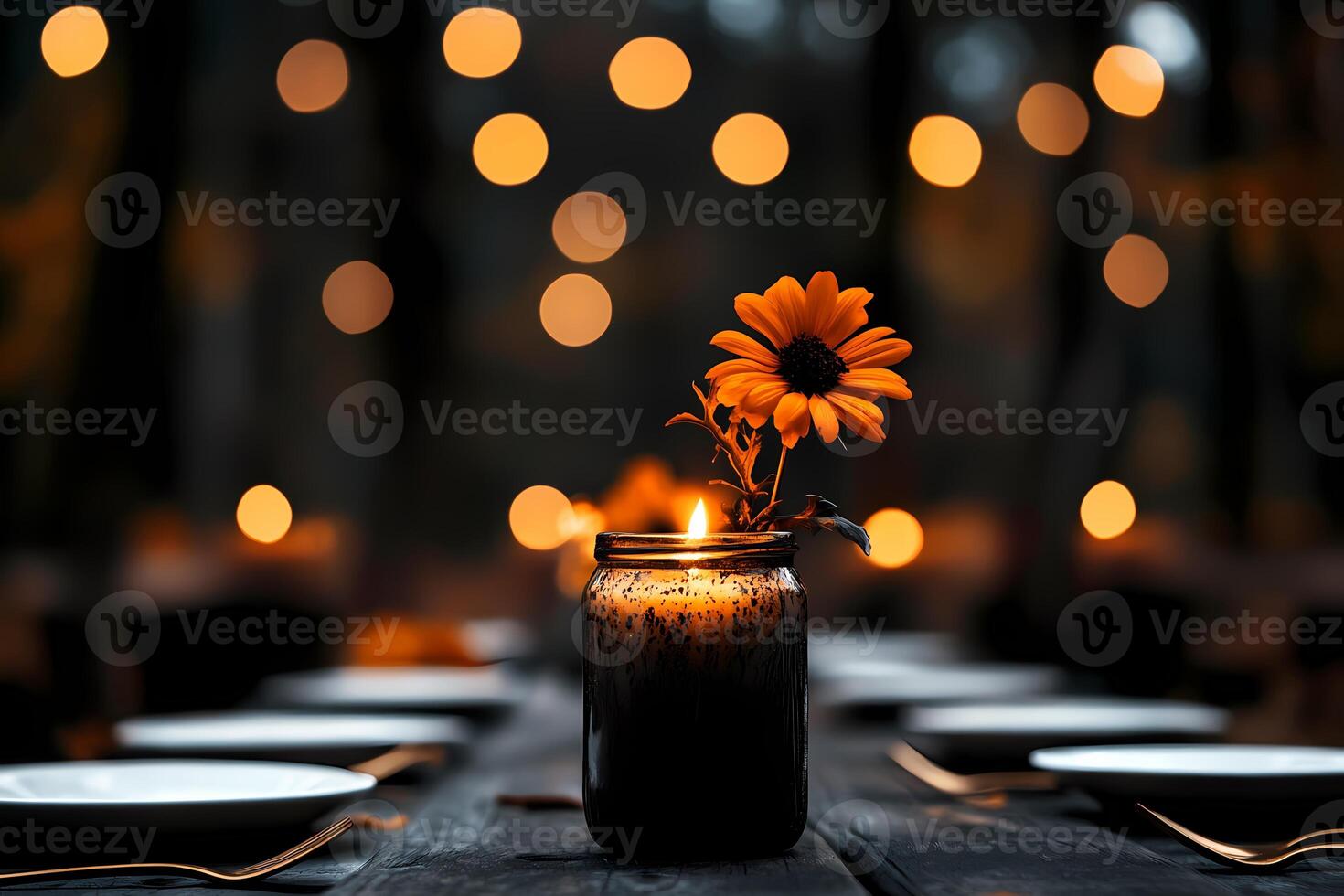 Warm Candlelit Dinner Setting With Sunflower in Jar and Cozy Background Lights. photo