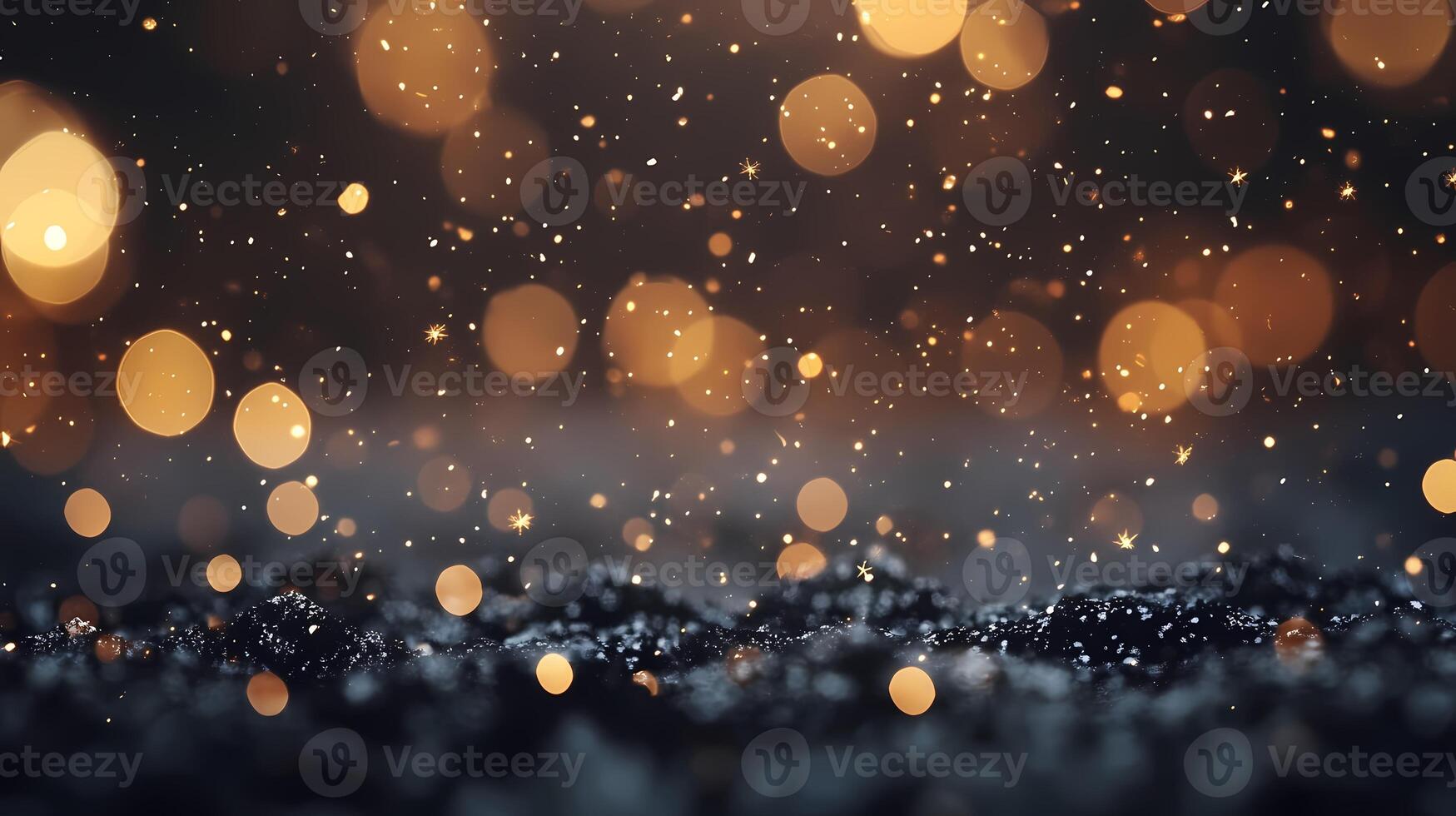 Dazzling Golden Bokeh Lights Shimmering Against a Dark Background at Night. photo