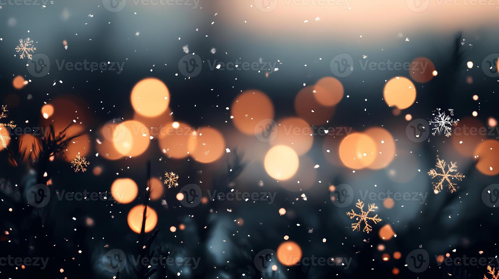 Winter Wonderland With Glowing Lights and Falling Snowflakes at Dusk. photo