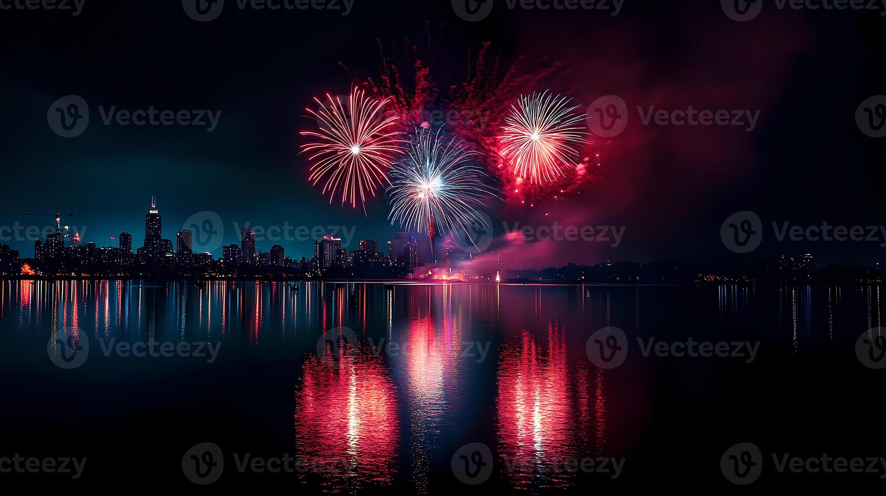 Stunning Fireworks Display Lights up City Skyline Over Calm Waters. photo
