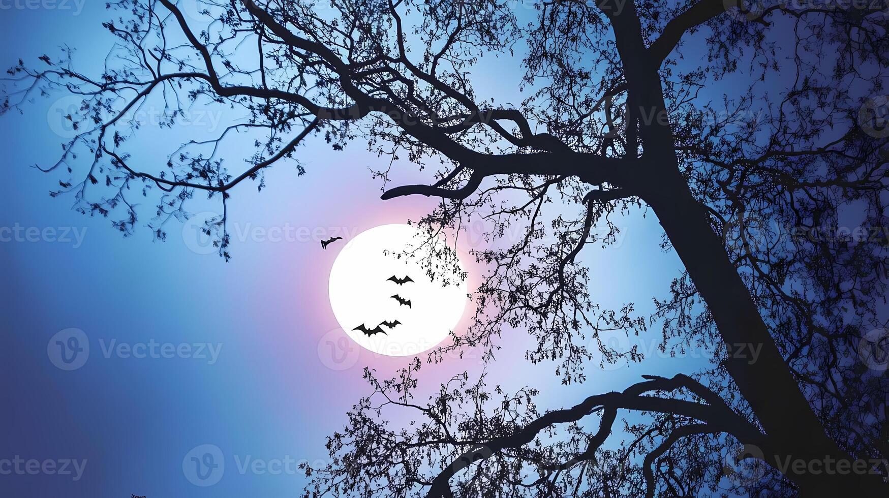 Silhouetted Bats Flying Against a Bright Moon in a Twilight Sky. photo