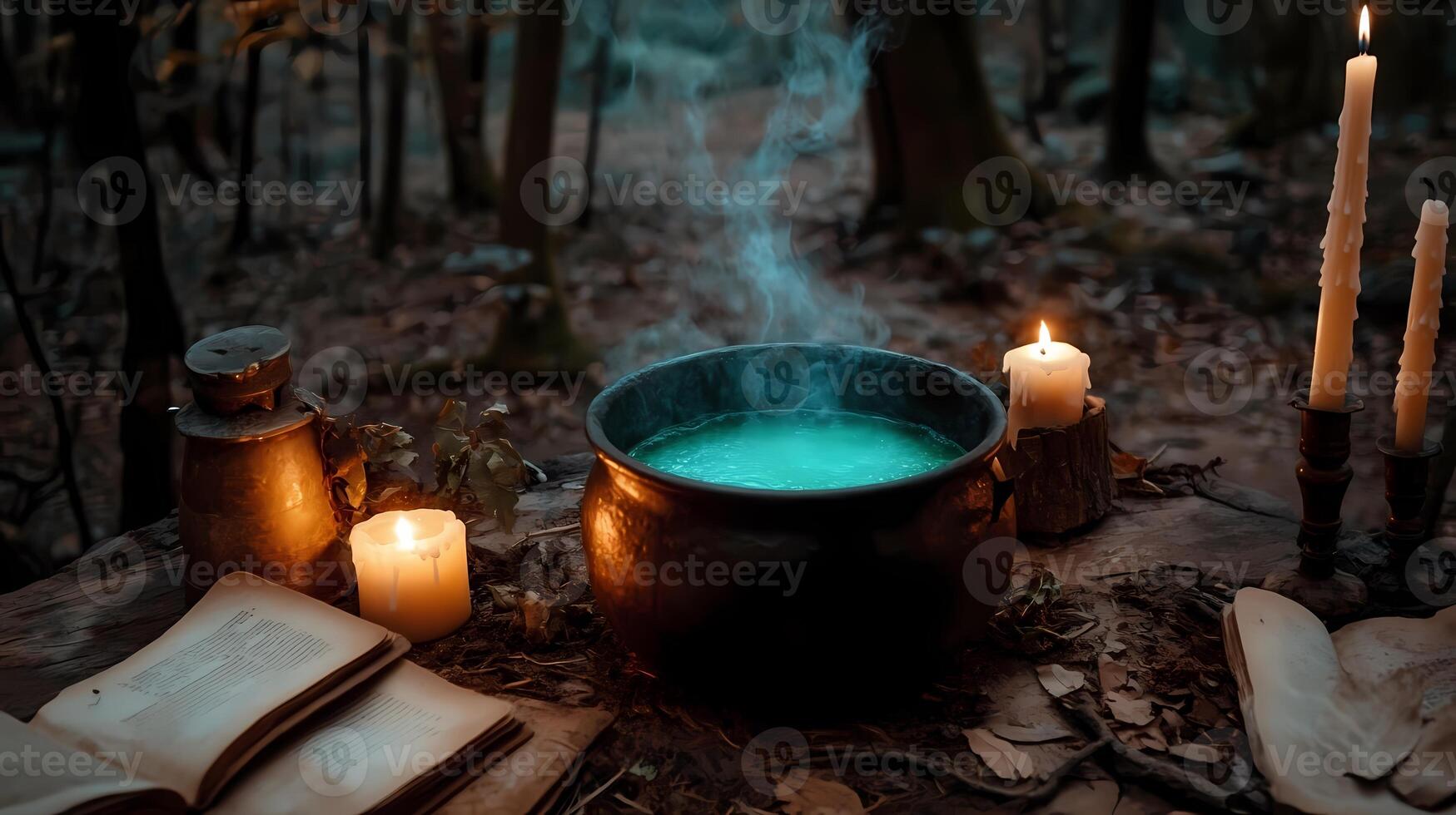 Mysterious Cauldron Bubbling in a Dark Forest During Twilight Hours. photo