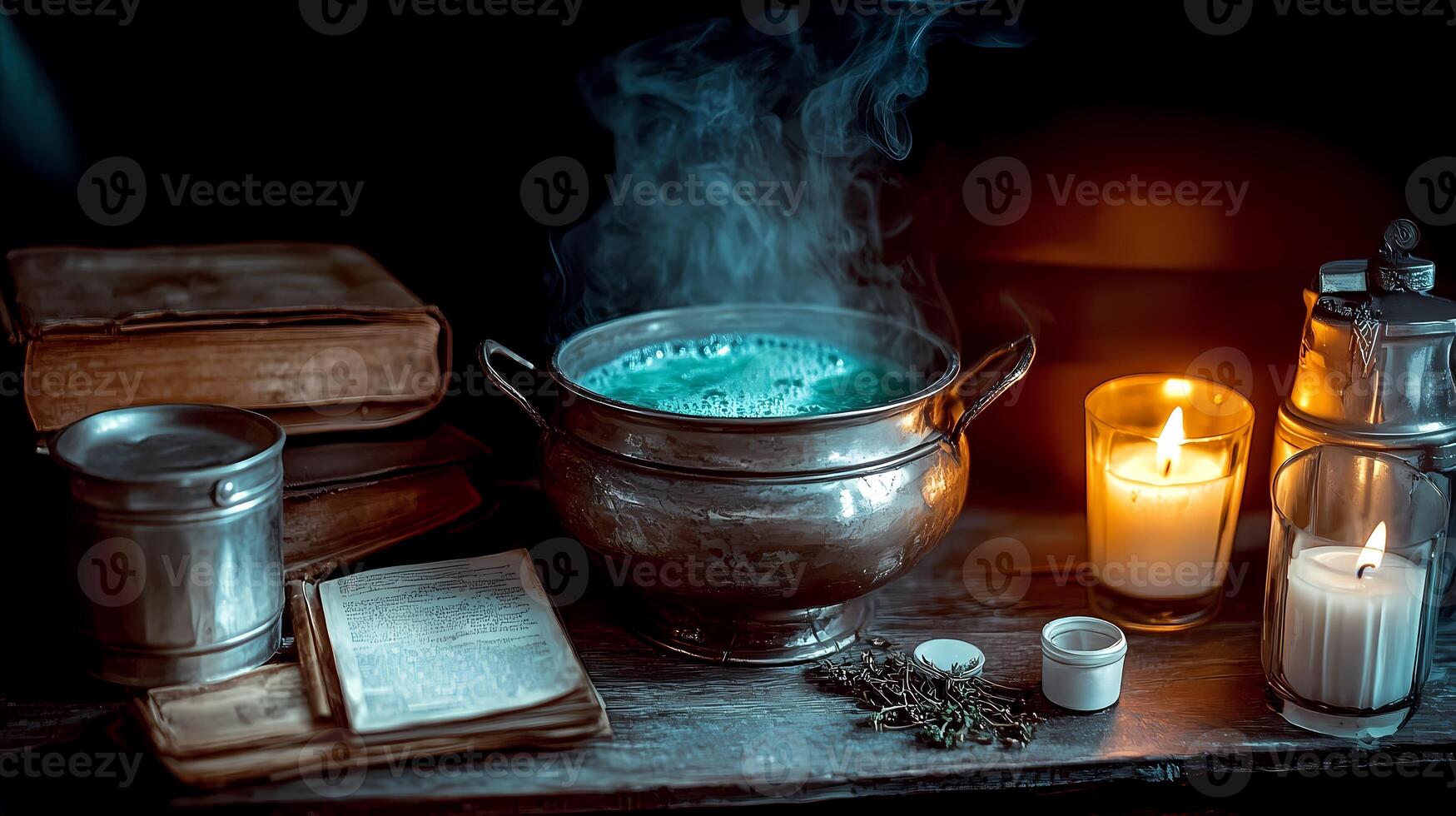 Mysterious Potion Brewing in a Dimly Lit Space Surrounded by Candles. photo