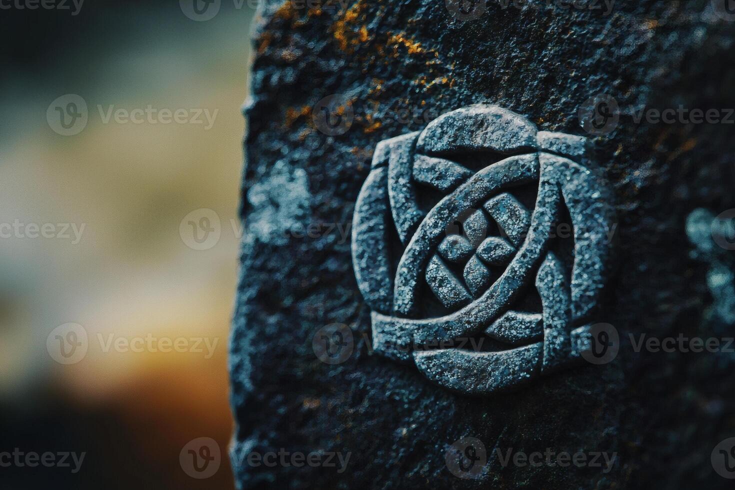 Intricate stone carving in a serene setting photo