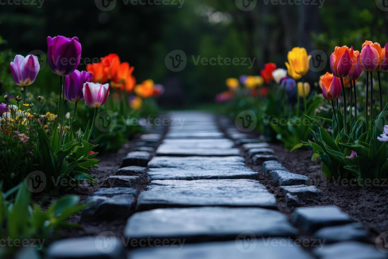 Vibrant tulip pathway at dusk in spring garden photo