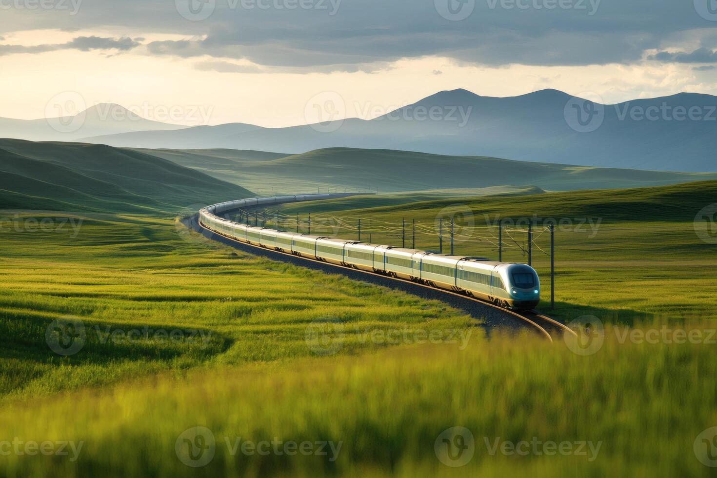 Train gliding through lush green hills photo
