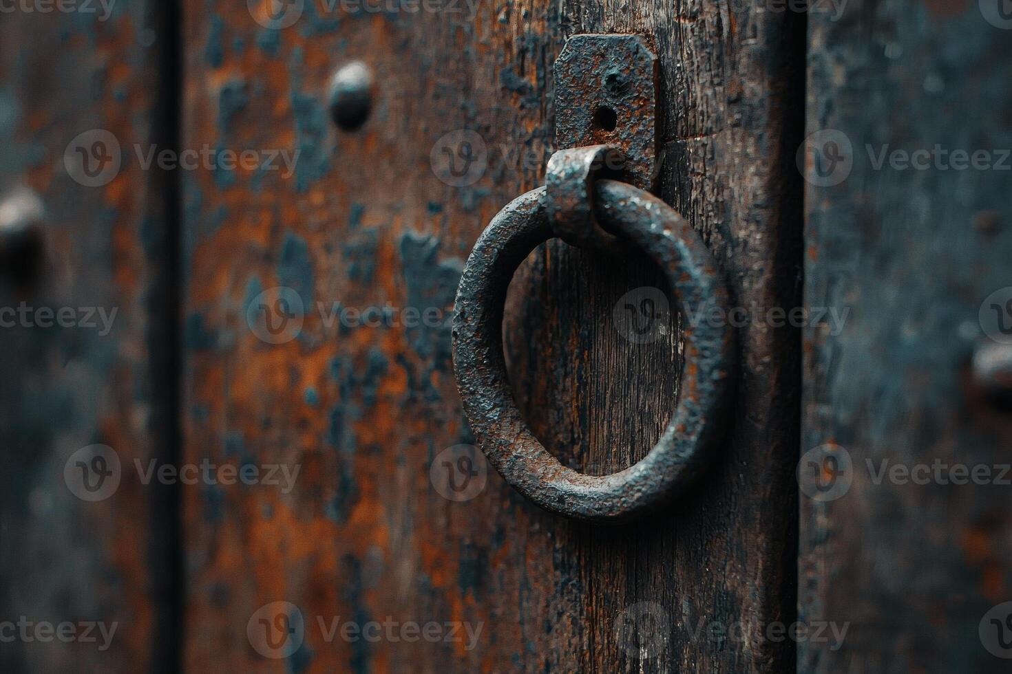 Rusty door knocker on an ancient wooden door photo