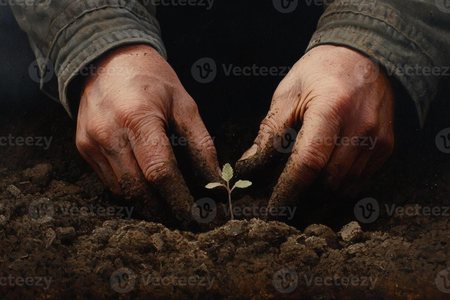 Hands nurturing a young plant in rich soil photo