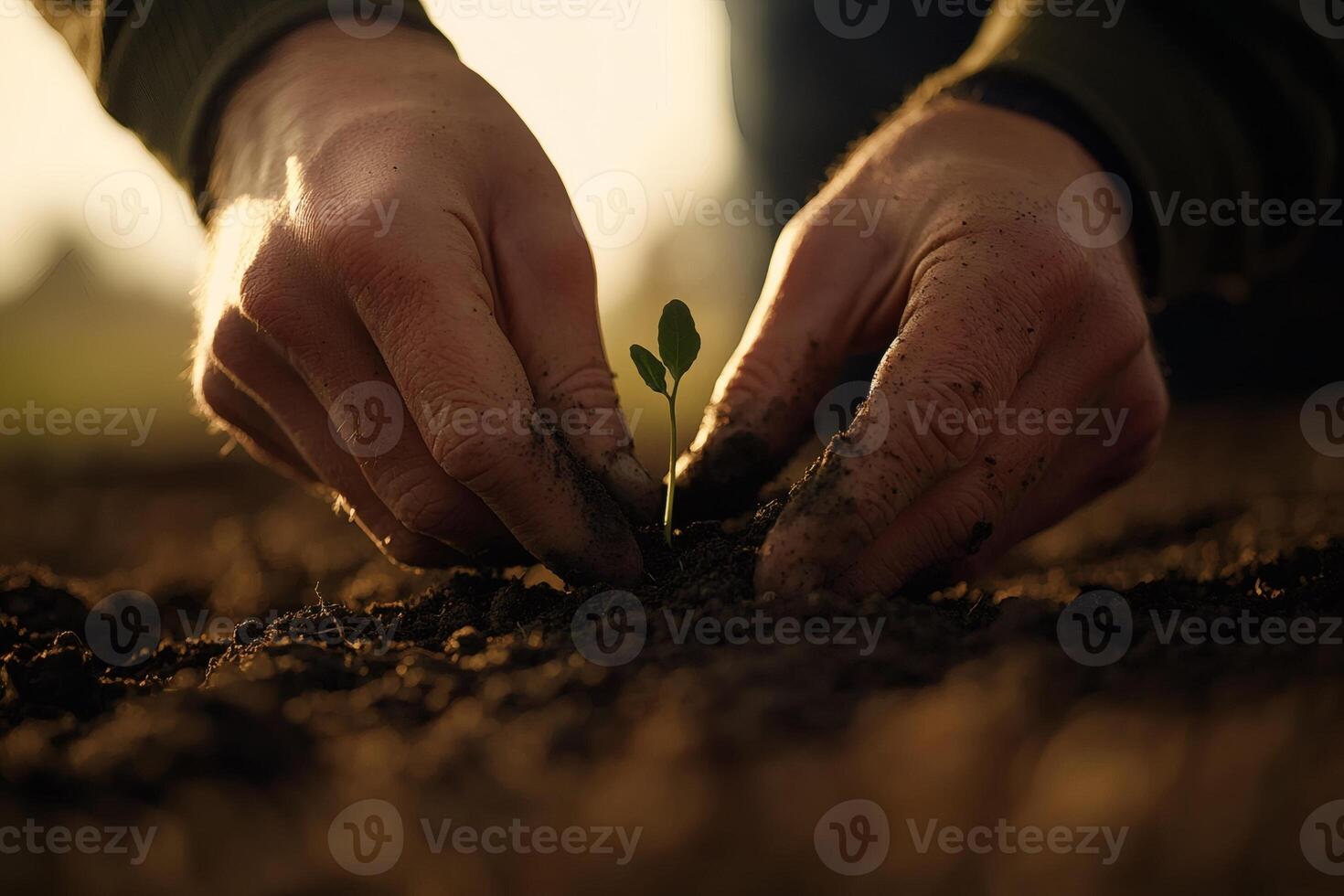 Hands nurturing a small plant in warm light photo