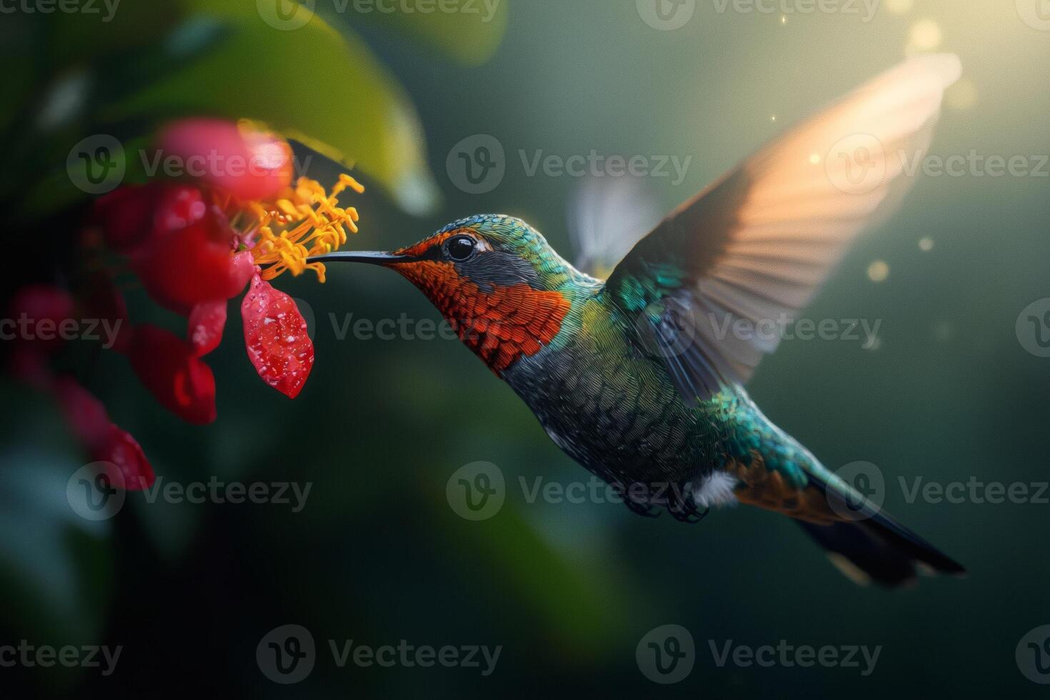 Vibrant hummingbird feeds on blooming flower photo