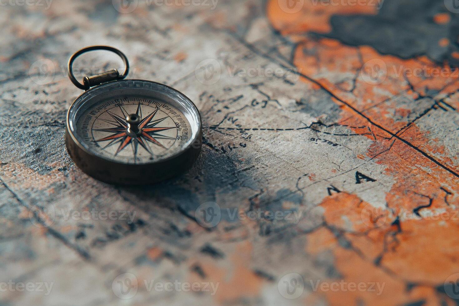 Old compass resting on worn map of the world photo