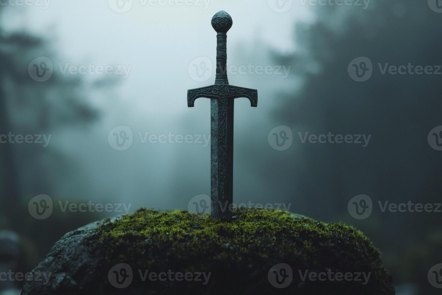Mystical sword resting on a mossy stone altar photo