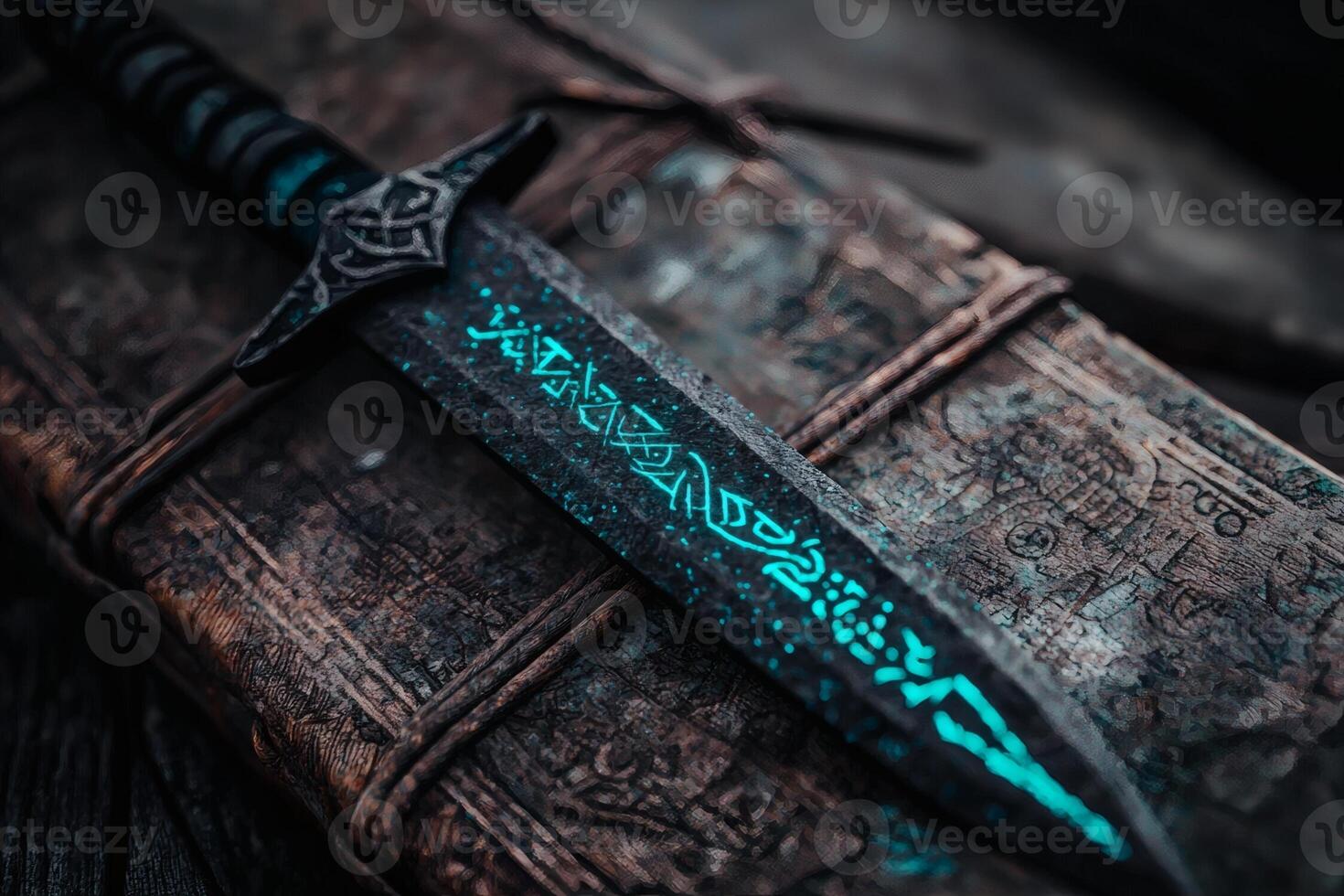 Intricate dagger resting on ancient tome photo