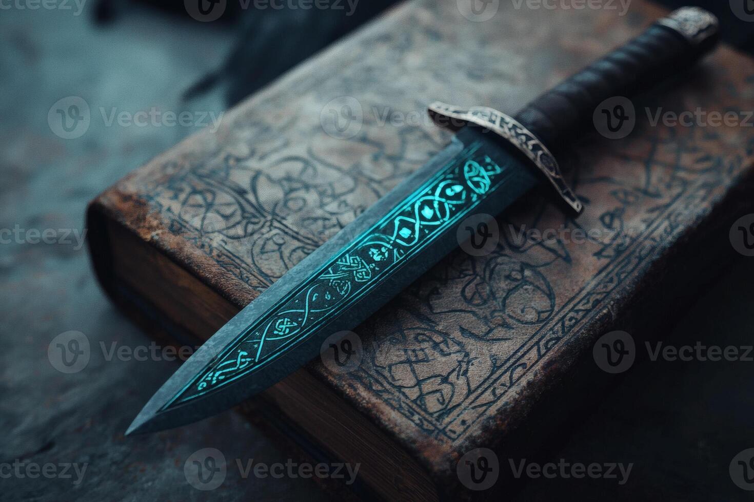 Intricate dagger resting on an ancient book photo