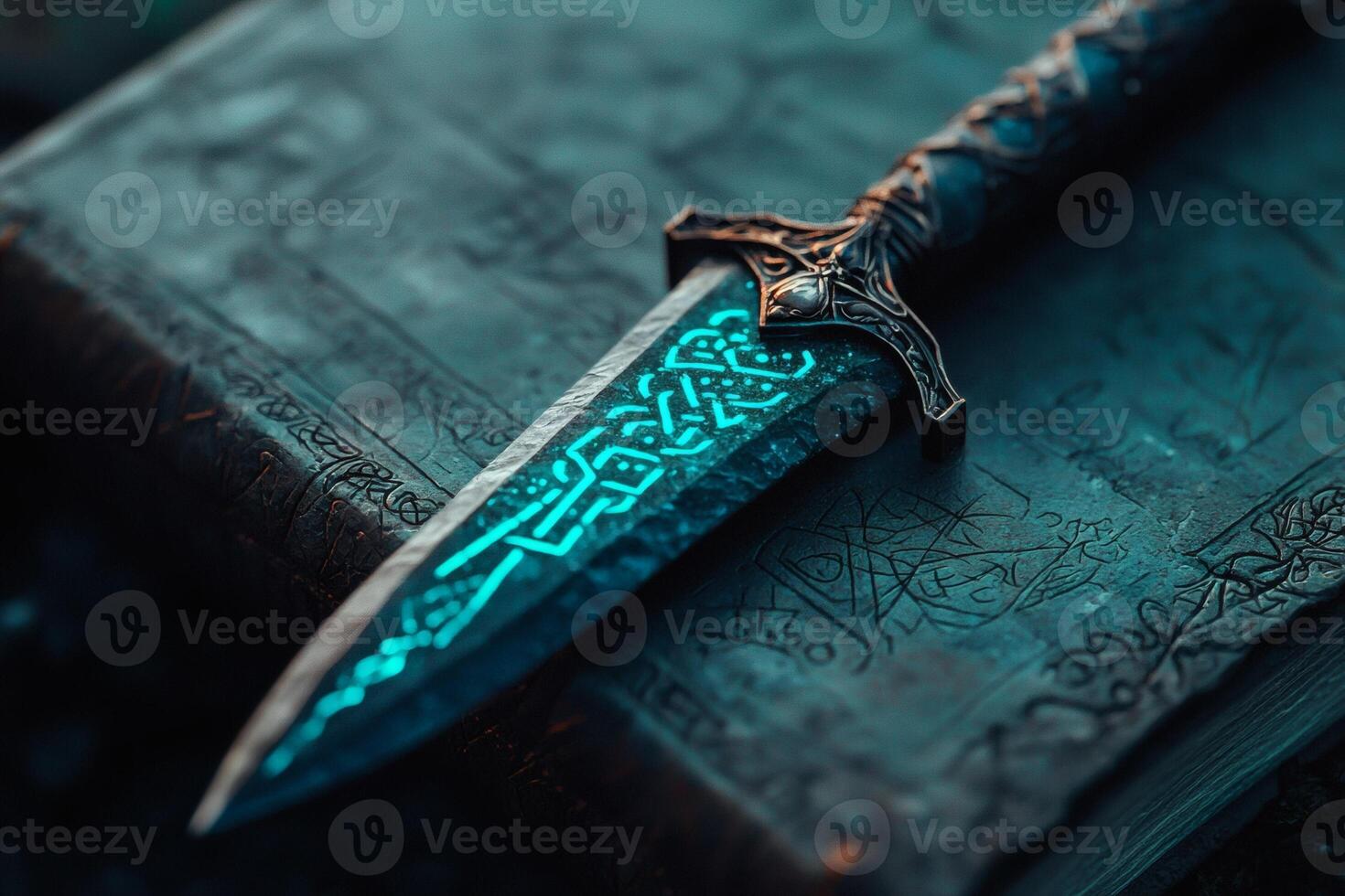 Intricate dagger rests on ancient tome photo