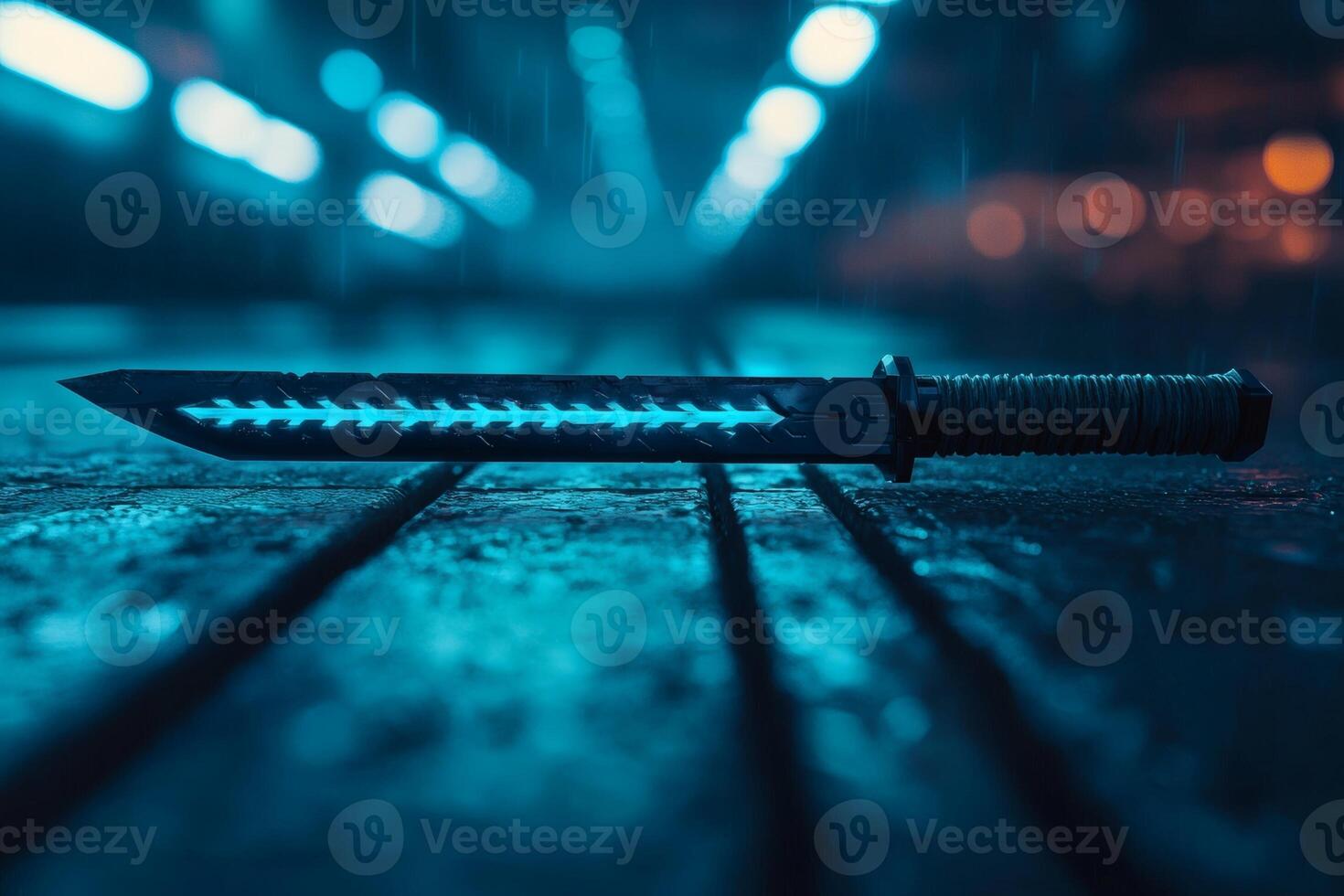 Mystical sword gleams in a shadowy corridor photo