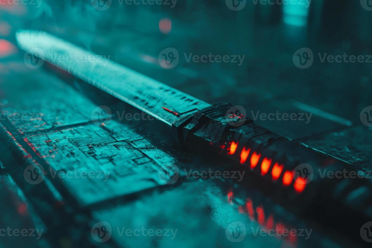 Futuristic sword glowing with neon lights photo