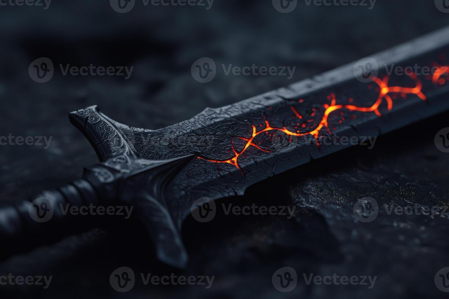 Sword glows with fiery energy in dark setting photo
