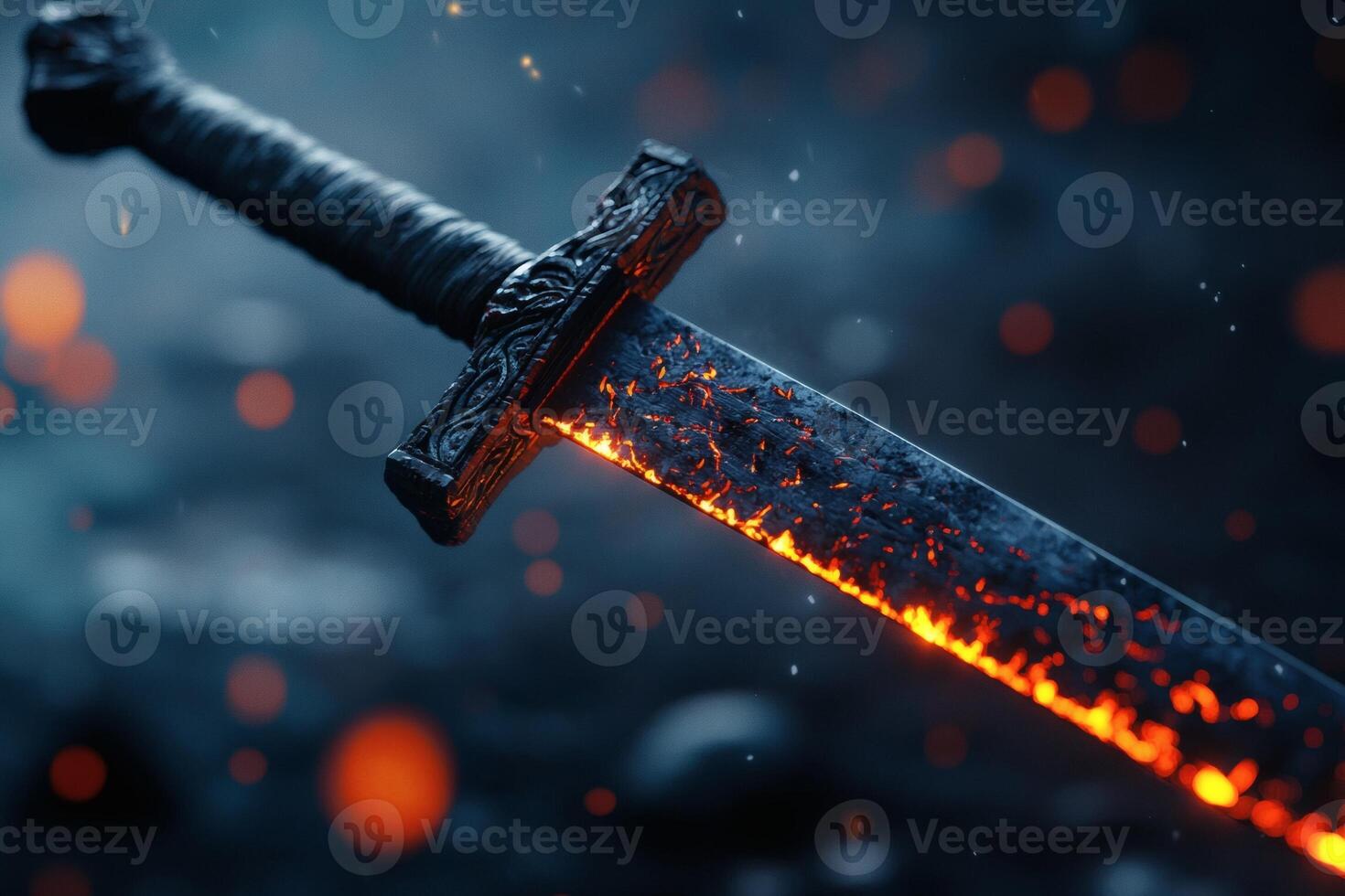 Glowing sword in a dark, enchanted realm photo