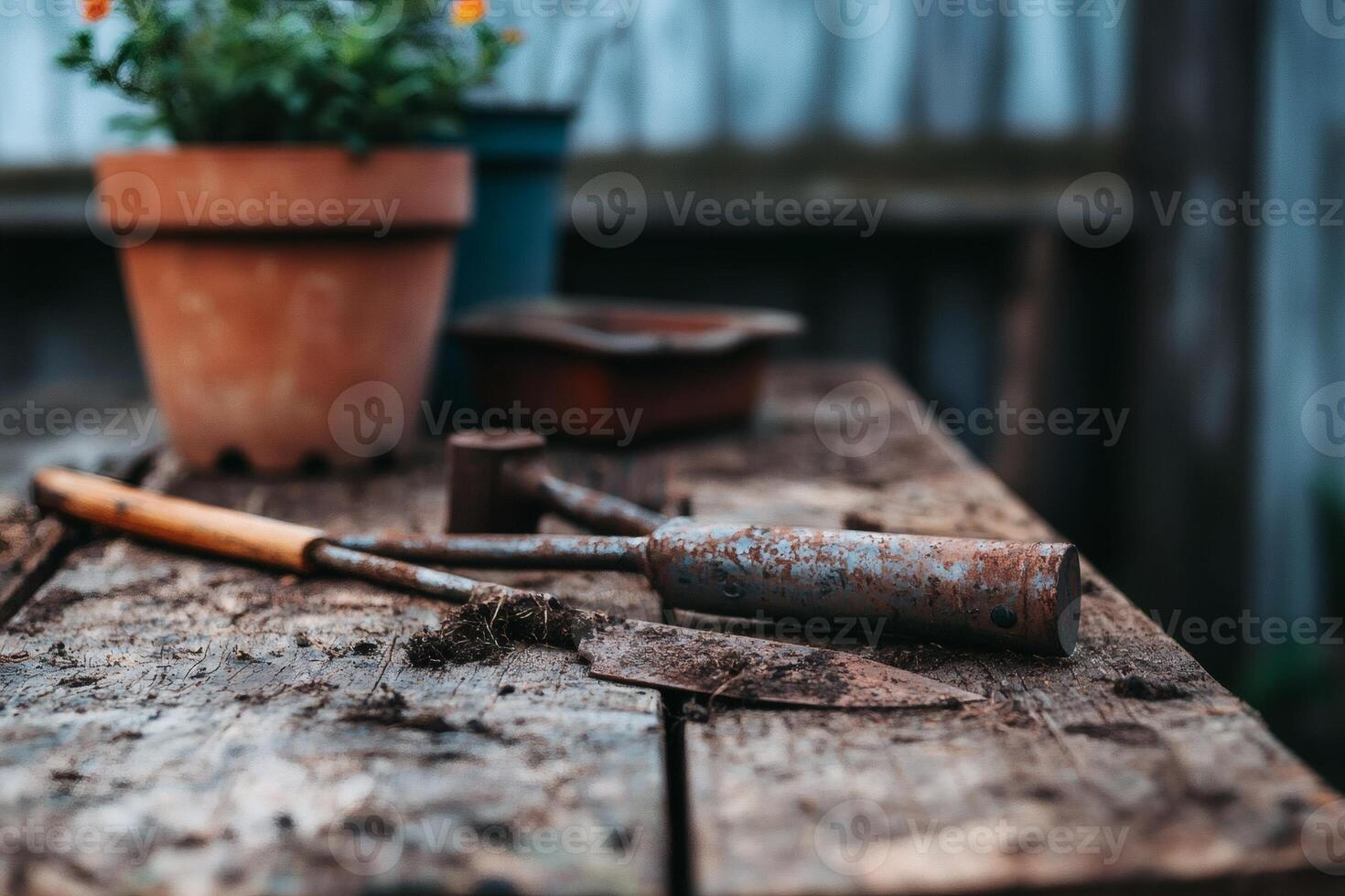 Rusty tools resting on a wooden garden table photo