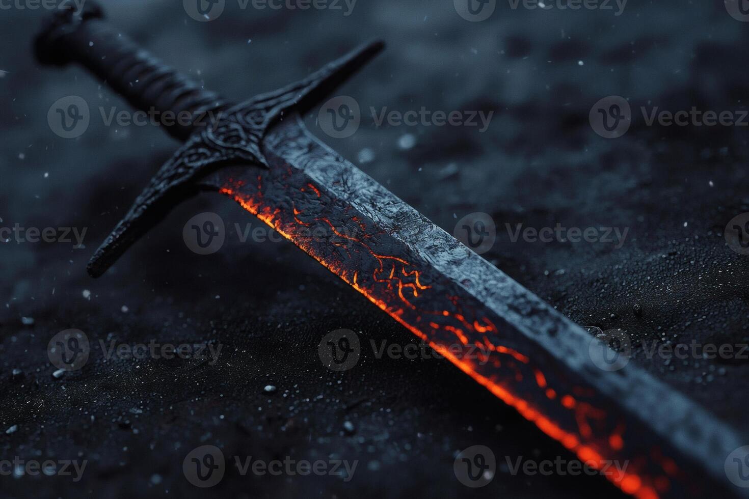 Glowing sword illuminating shadows in darkness photo