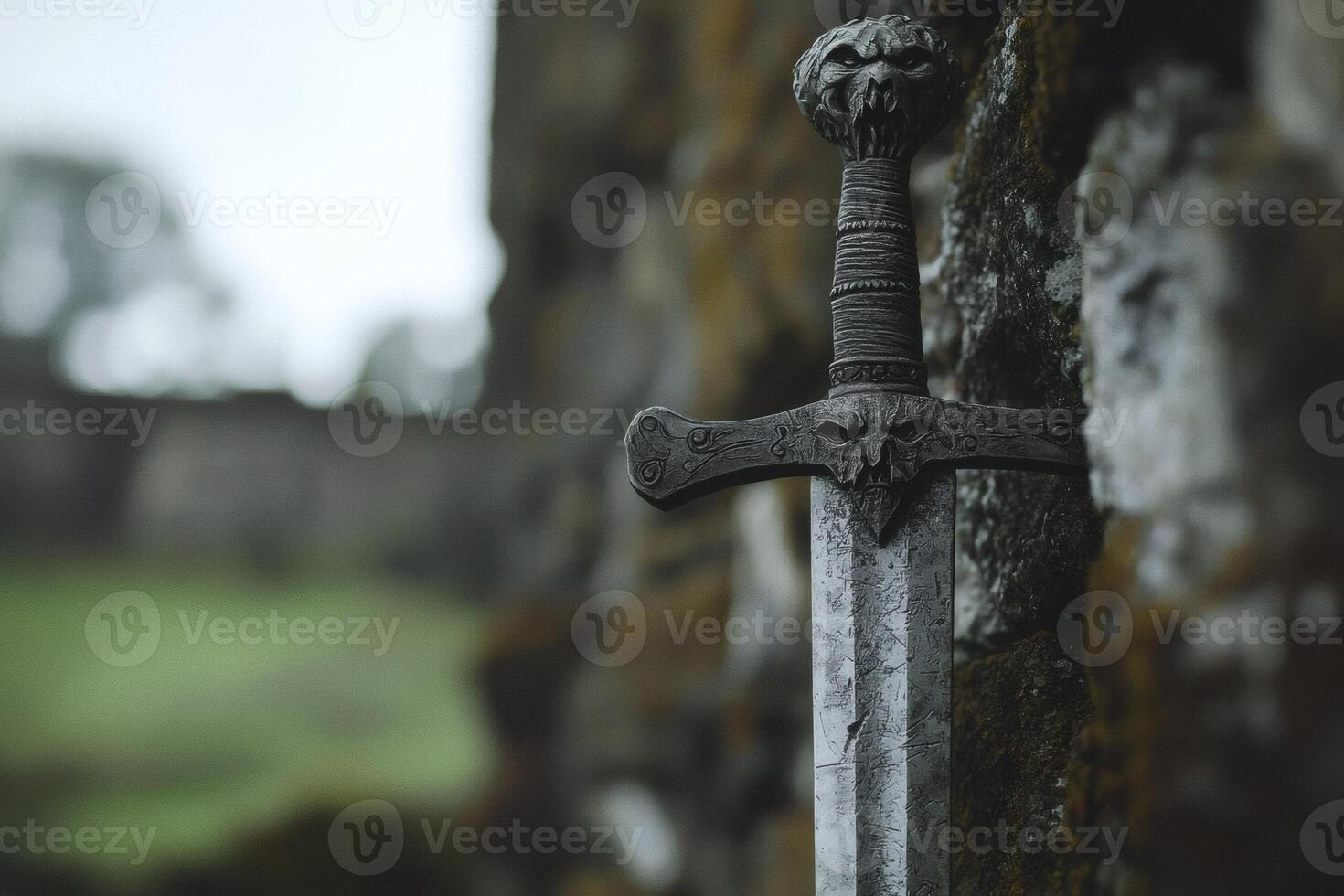 Ancient sword rests against a weathered stone photo