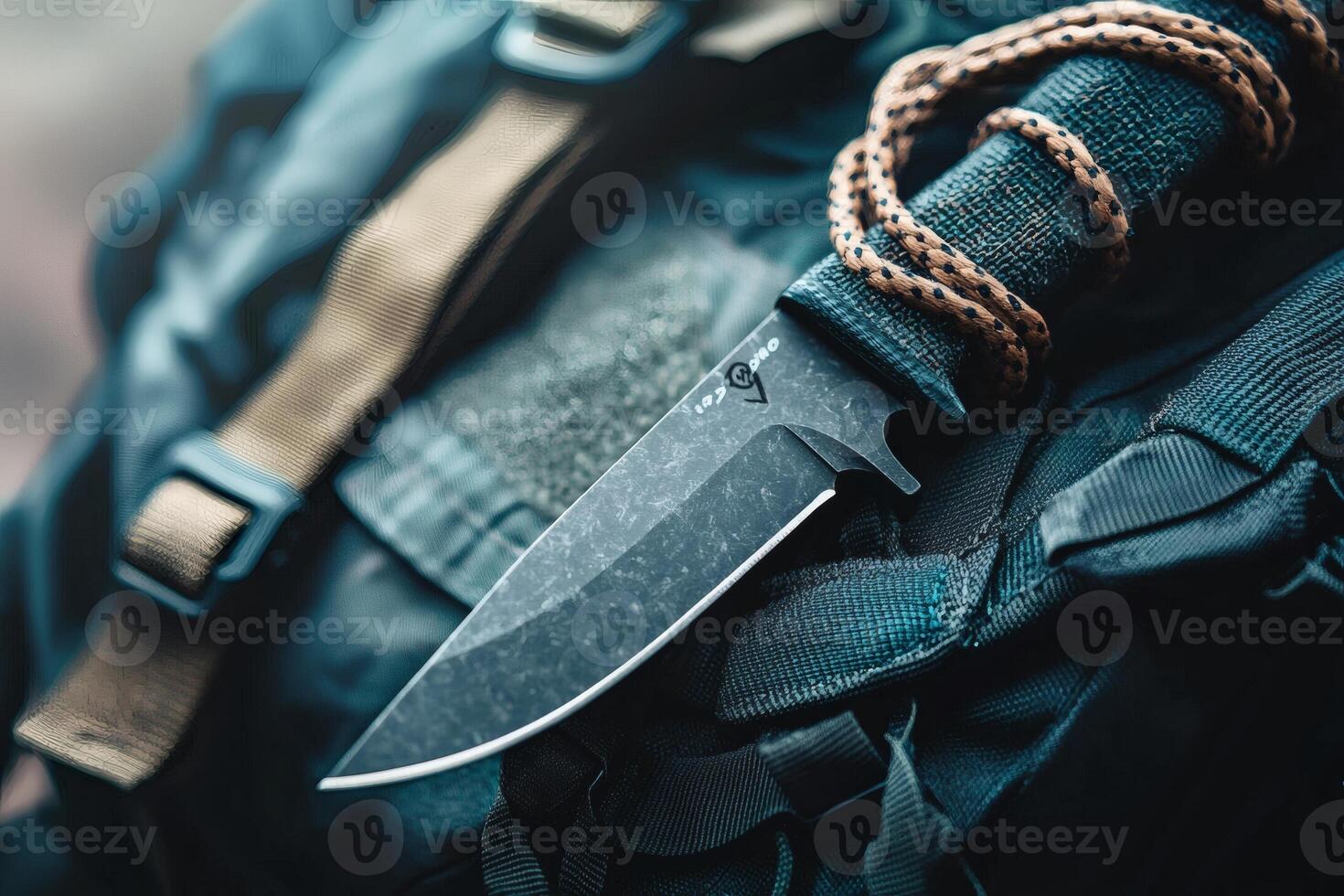 Rugged knife resting on camping gear in nature photo