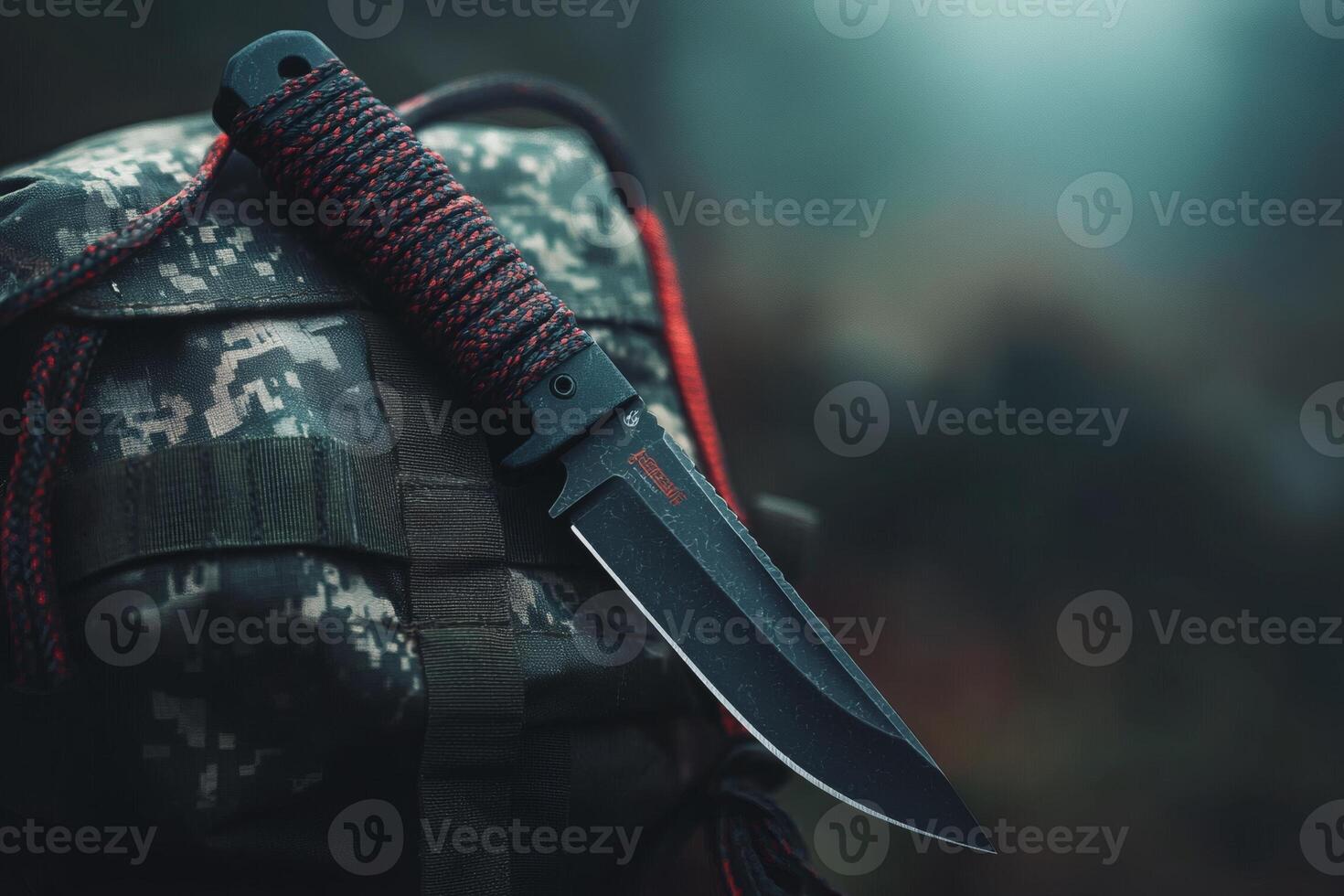 Tactical knife resting on rugged backpack photo