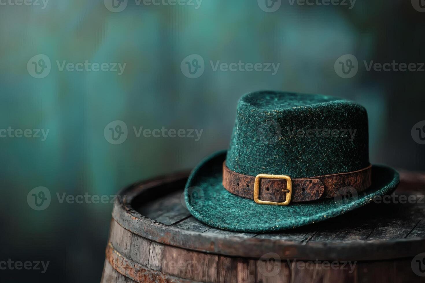 Elegant green hat resting on wooden barrel photo