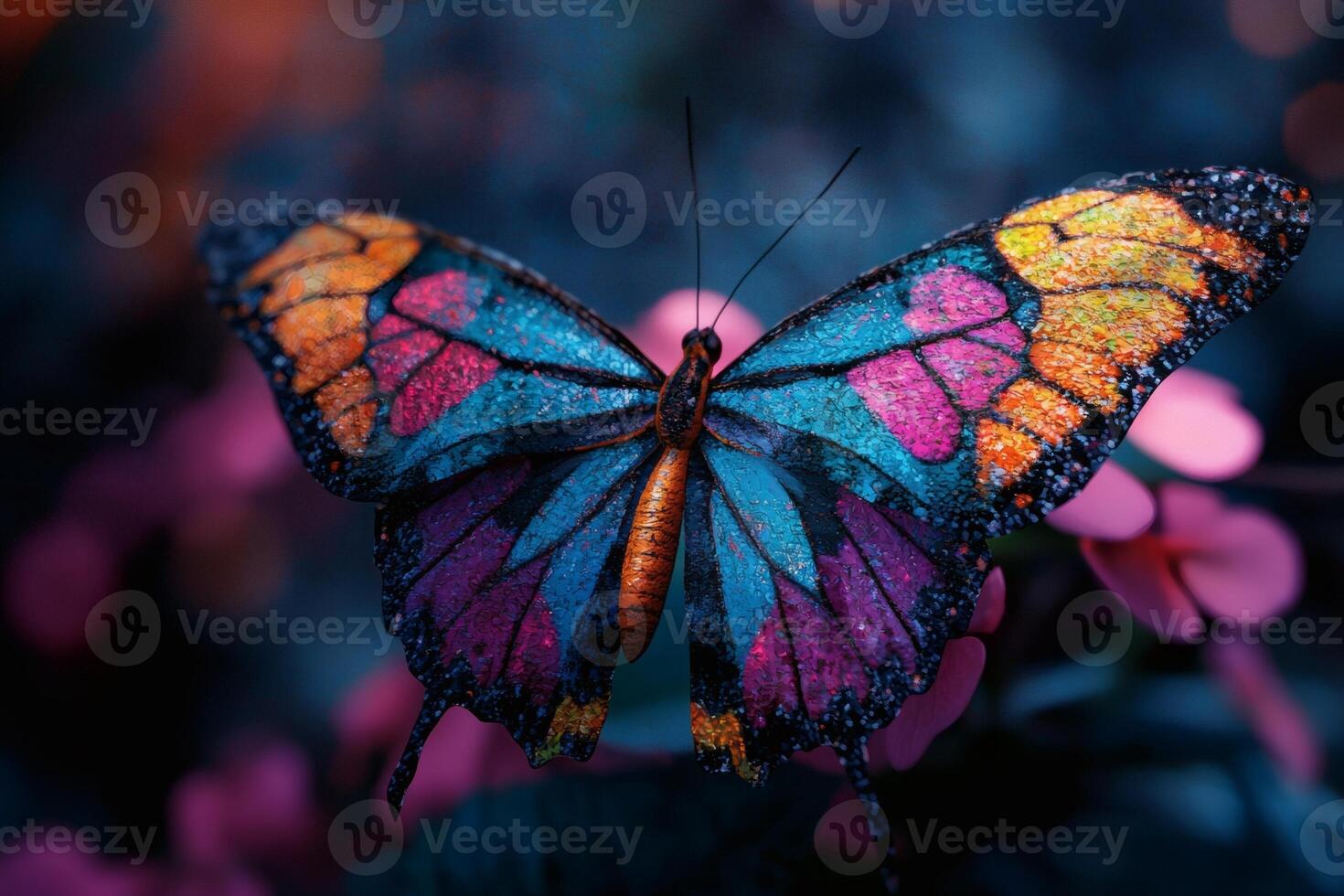 Colorful butterfly resting on vibrant flowers photo