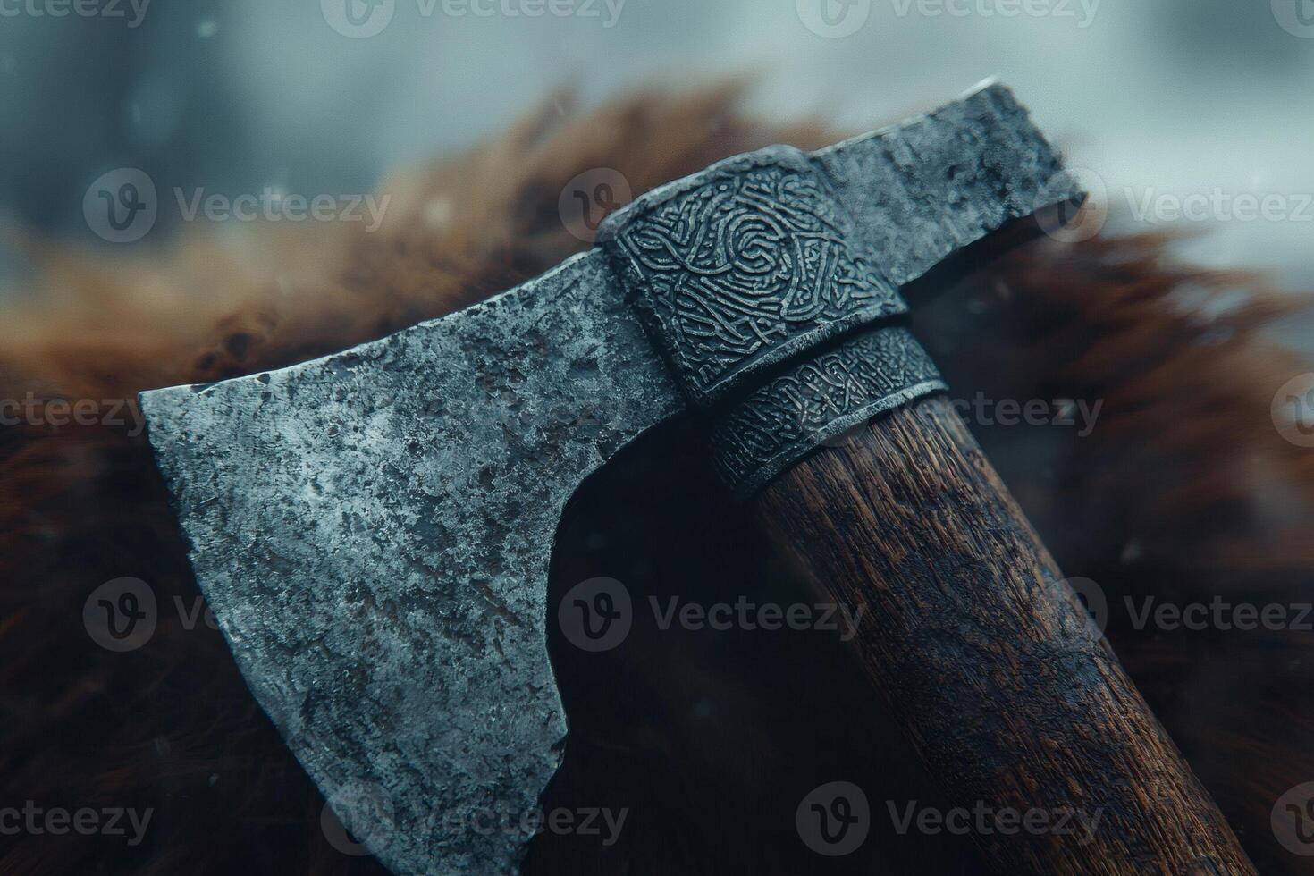 Weathered axe resting on a fur surface photo