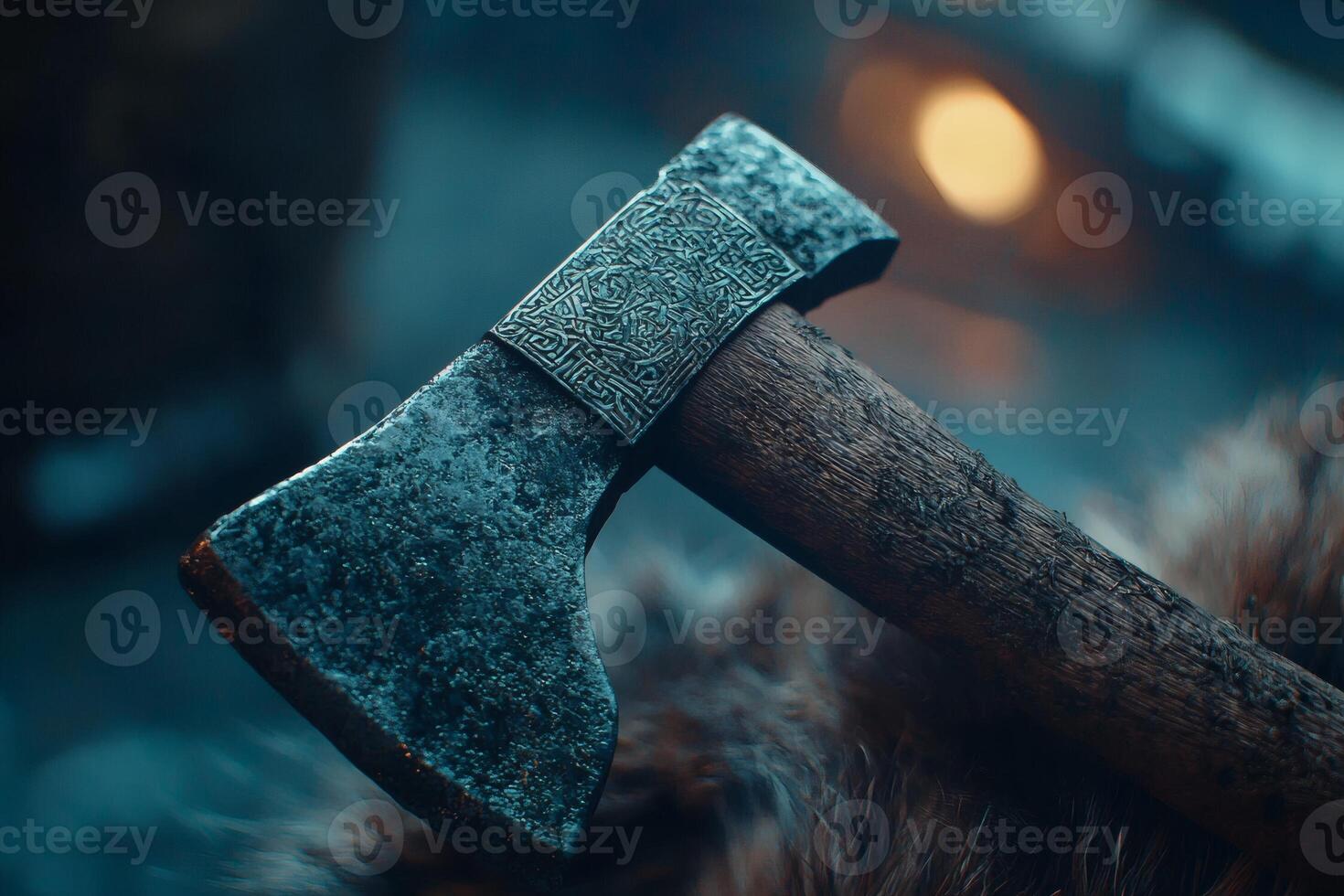 Ancient axe on fur in a serene setting photo
