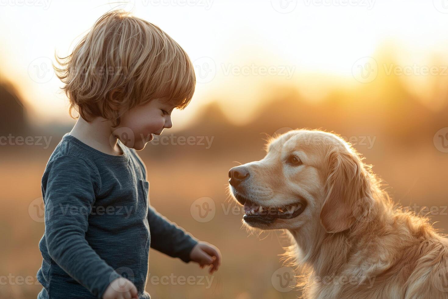 Golden moments shared between a child and dog photo